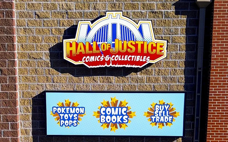 Hall of Justice, Comics & Collectibles exterior store sign