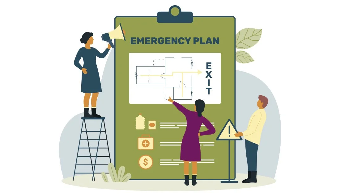 Illustrated graphic of 3 people viewing and discussing an emergency exit plan.