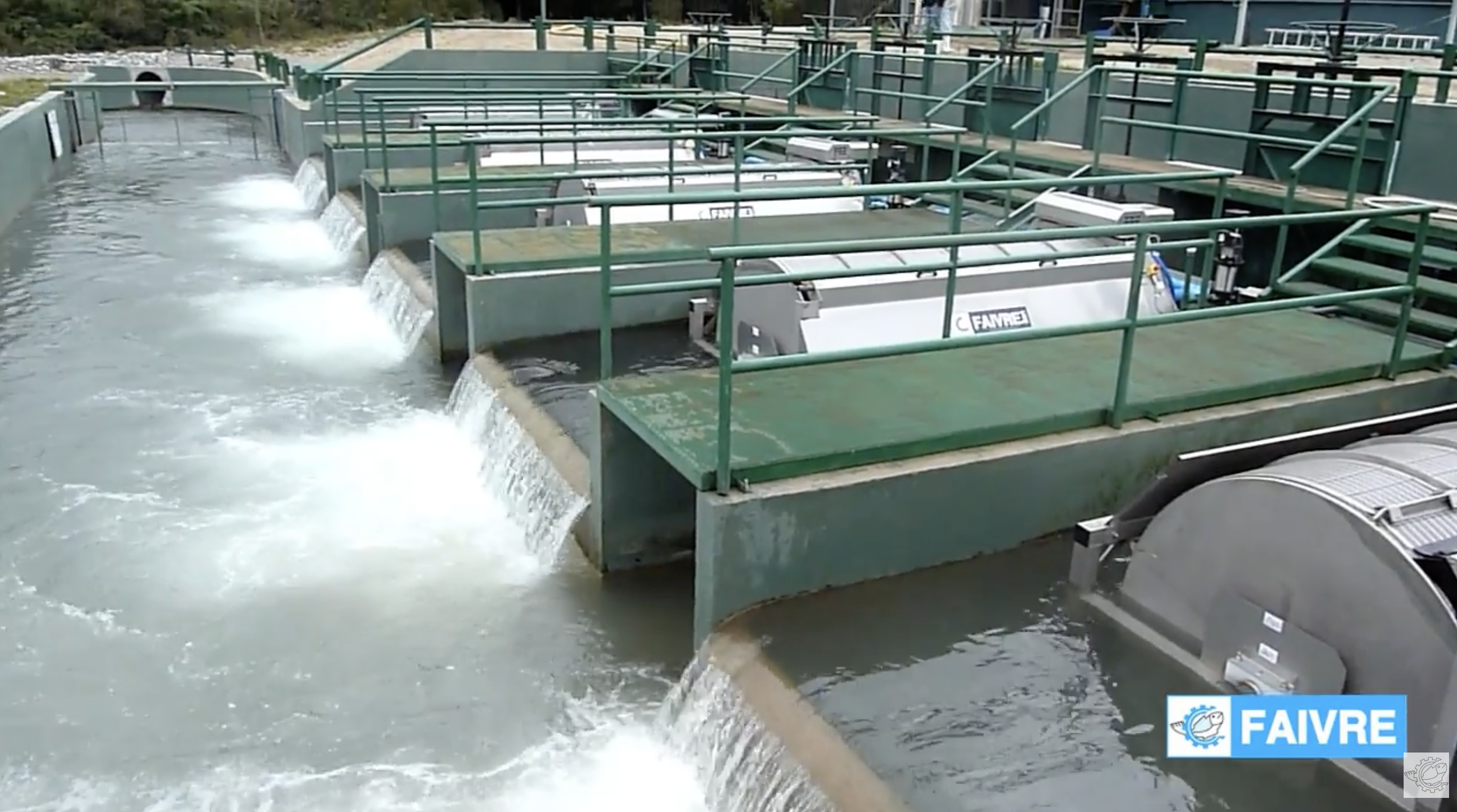 Several drum filters in parallel on a large trout farm