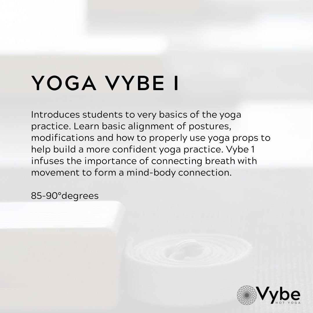 Introduces students to very basics of the yoga practice. Learn basic alignment of postures, modifications and how to properly use yoga props to help build a more confident yoga practice. Vybe 1 infuses the importance of connecting breath with movemen