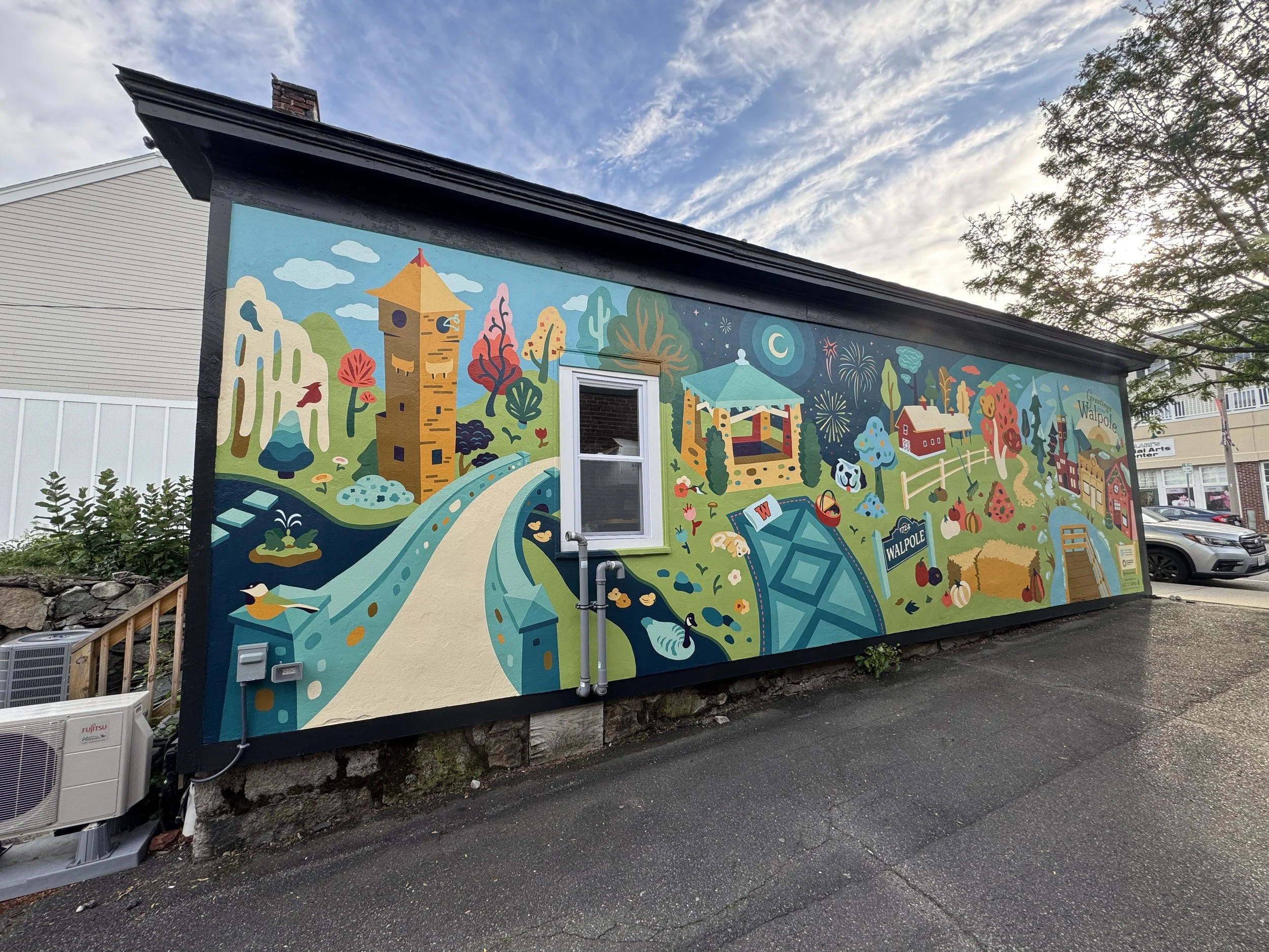 A large scale colorful geometric outdoor mural showing famous features and landmarks across the four seasons in Walpole MA