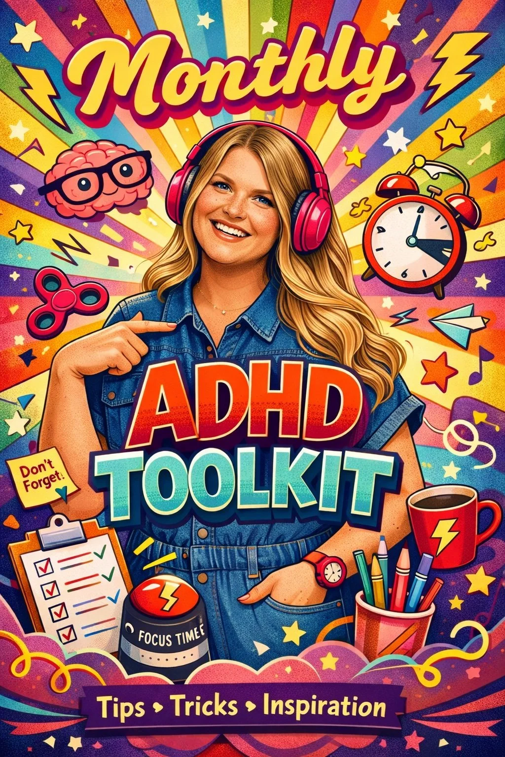 Colorful cover of a guidebook titled 'Monthly ADHD Toolkit' featuring a smiling woman with blonde hair, wearing pink headphones and a denim shirt, pointing to the title. The background has vibrant rainbow-colored rays and various illustrations including a brain with glasses, a clock, a fidget spinner, a coffee mug, a focus timer, colorful pencils, paper airplanes, stars, and lightning bolts. There is a sticky note saying 'Don't Forget!', and a banner at the bottom with the words 'Tips, Tricks, Inspiration'.