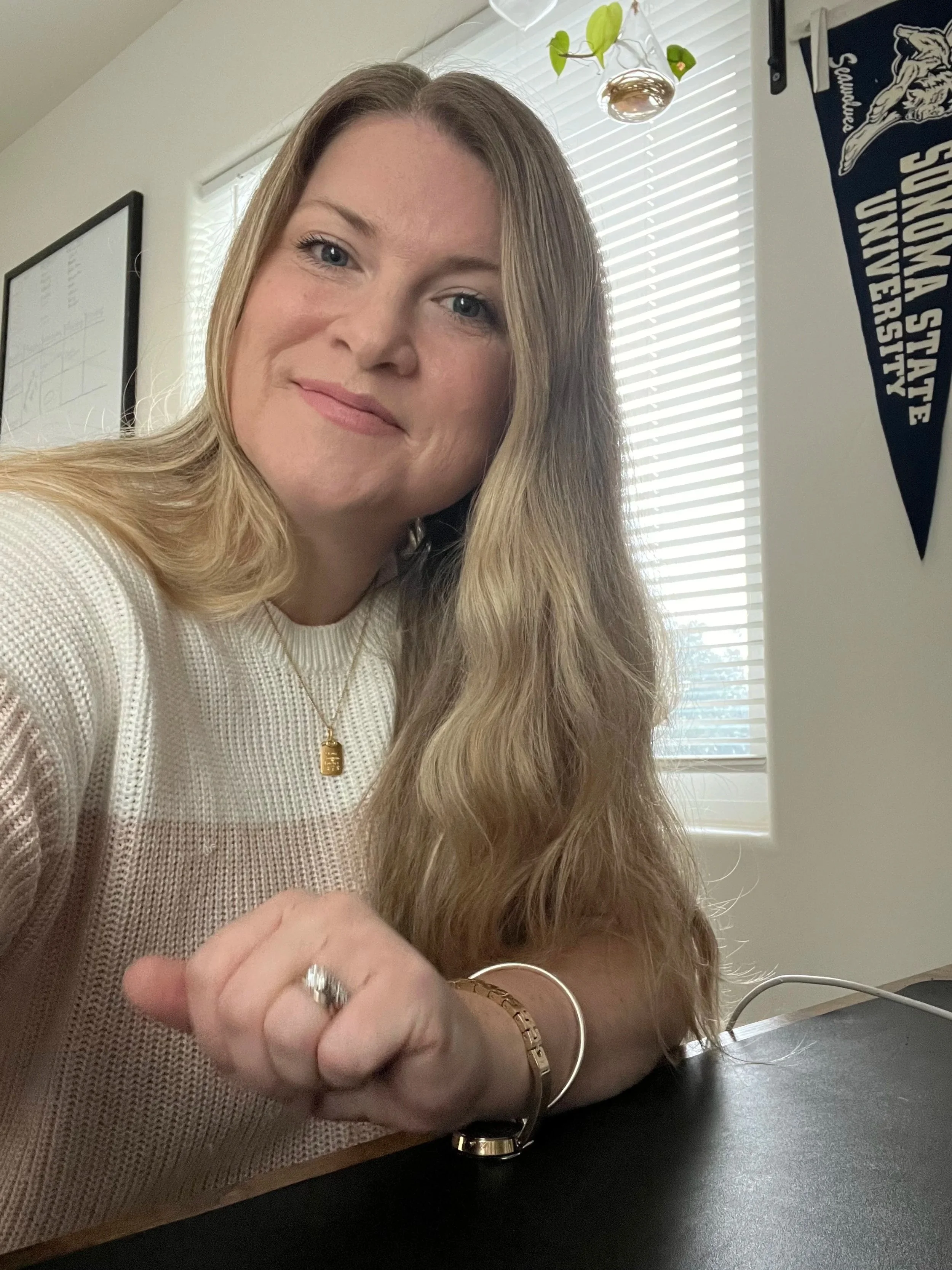A woman with long blonde hair smiling at the camera, sitting at a desk with window blinds behind her and a tetrahedral plant hanging near the window.