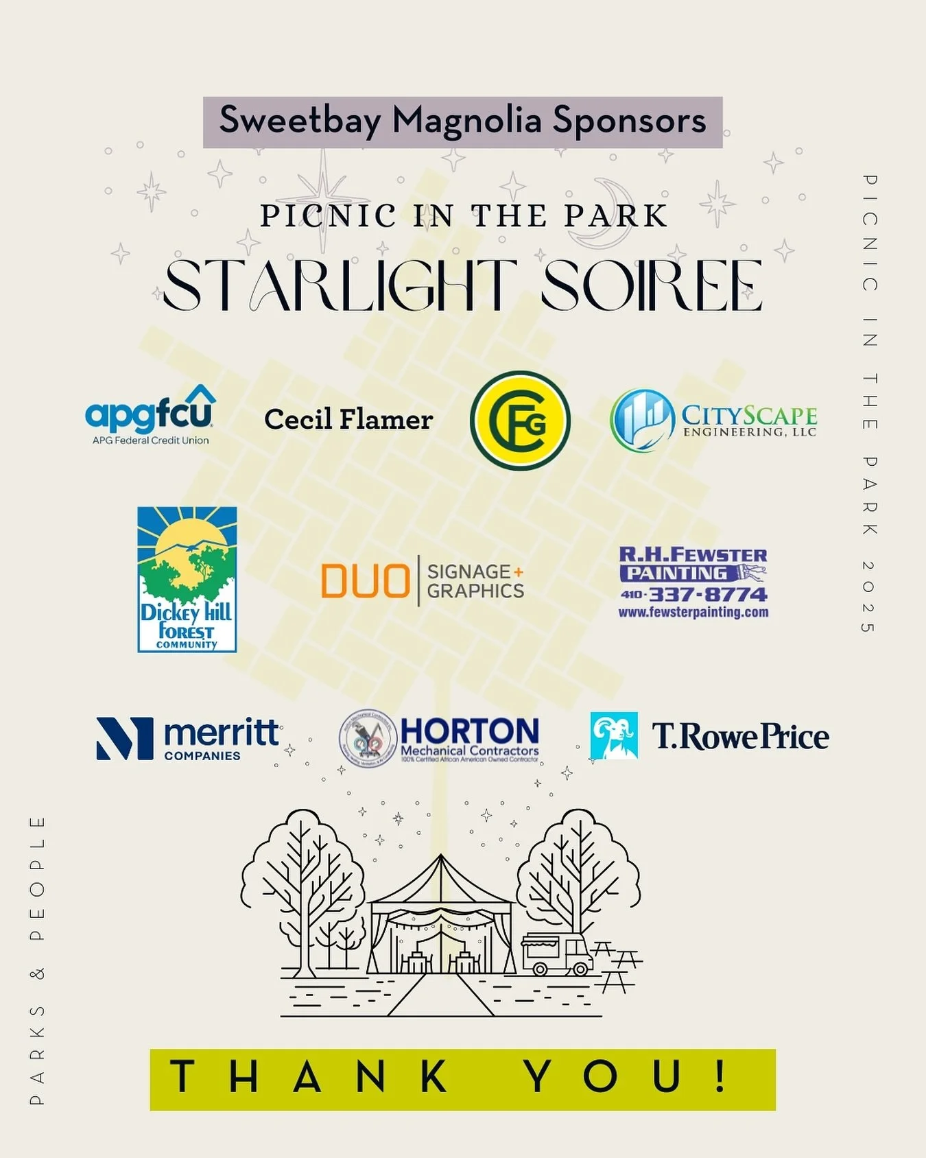 Tonight&rsquo;s the night! ✨ Picnic in the Park:
Starlight Soir&eacute;e was made possible thanks to those dedicated to a greener, healthier Baltimore. We extend our heartfelt gratitude to this year&rsquo;s Sweetbay Magnolia sponsors. Without their s