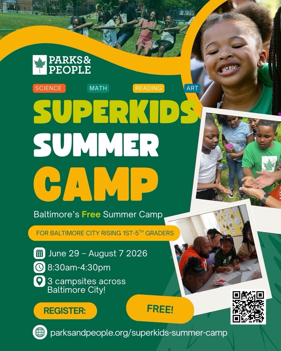 We&rsquo;re celebrating 30 years of SuperKids!! Registration is now open for SuperKids Summer Camp 2026!

SuperKids Camp brought to you by Parks &amp; People, is Baltimore&rsquo;s free STEAM summer camp combining learning and fun into an unforgettabl