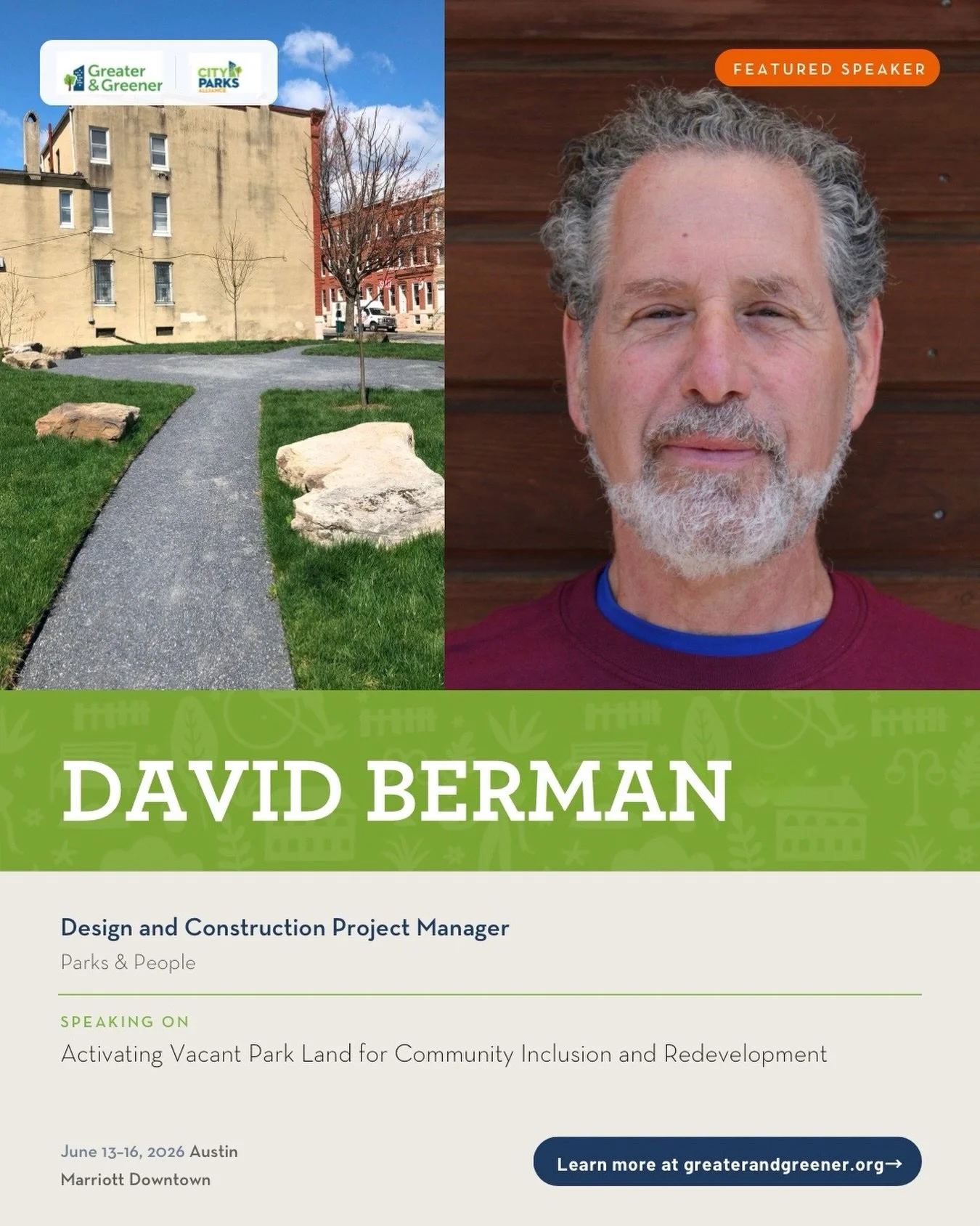 #GreaterGreener is a conference unlike any other! With more sessions outside than in, urban parks professionals have the chance to meet, network, and learn from renowned experts, leaders, and peers within the field. 

We are thrilled have our Design 