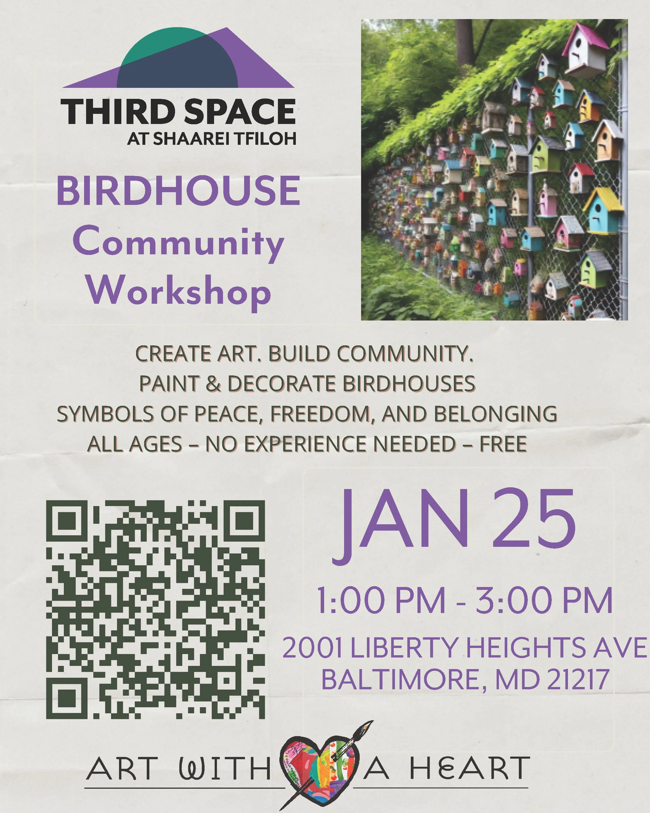 Flyer for upcoming birdhouse painting community workshop with Third Space at Shaarei Tfiloh