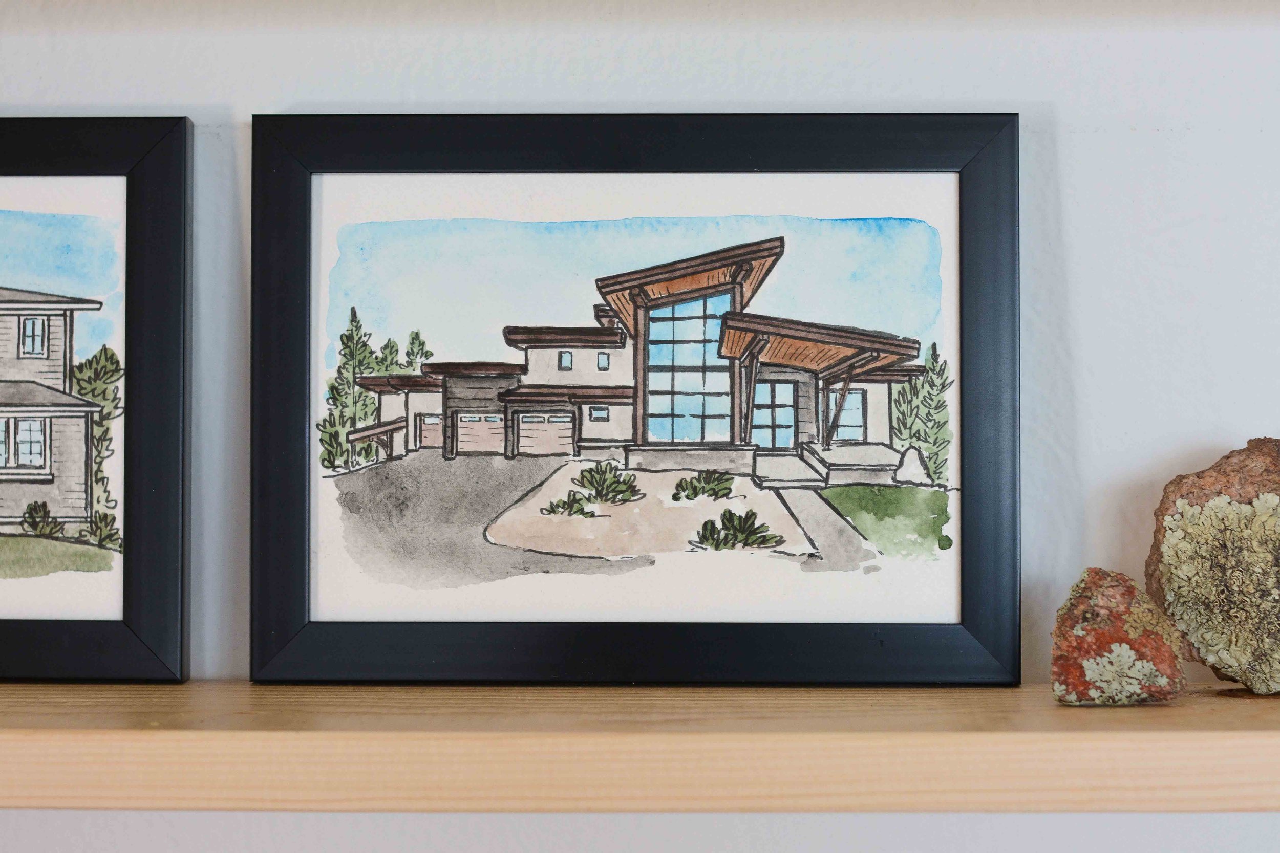 Watercolor painted modern Colorado home in a frame to give as a gift