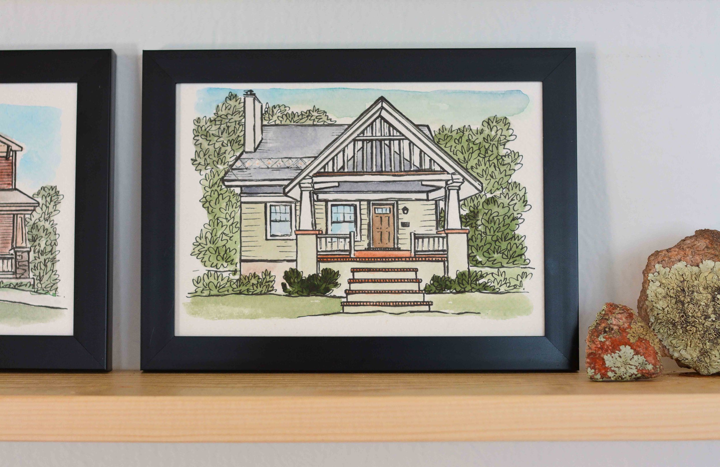 Watercolor original artwork of a craftman bungalow home with front porch and stairs.