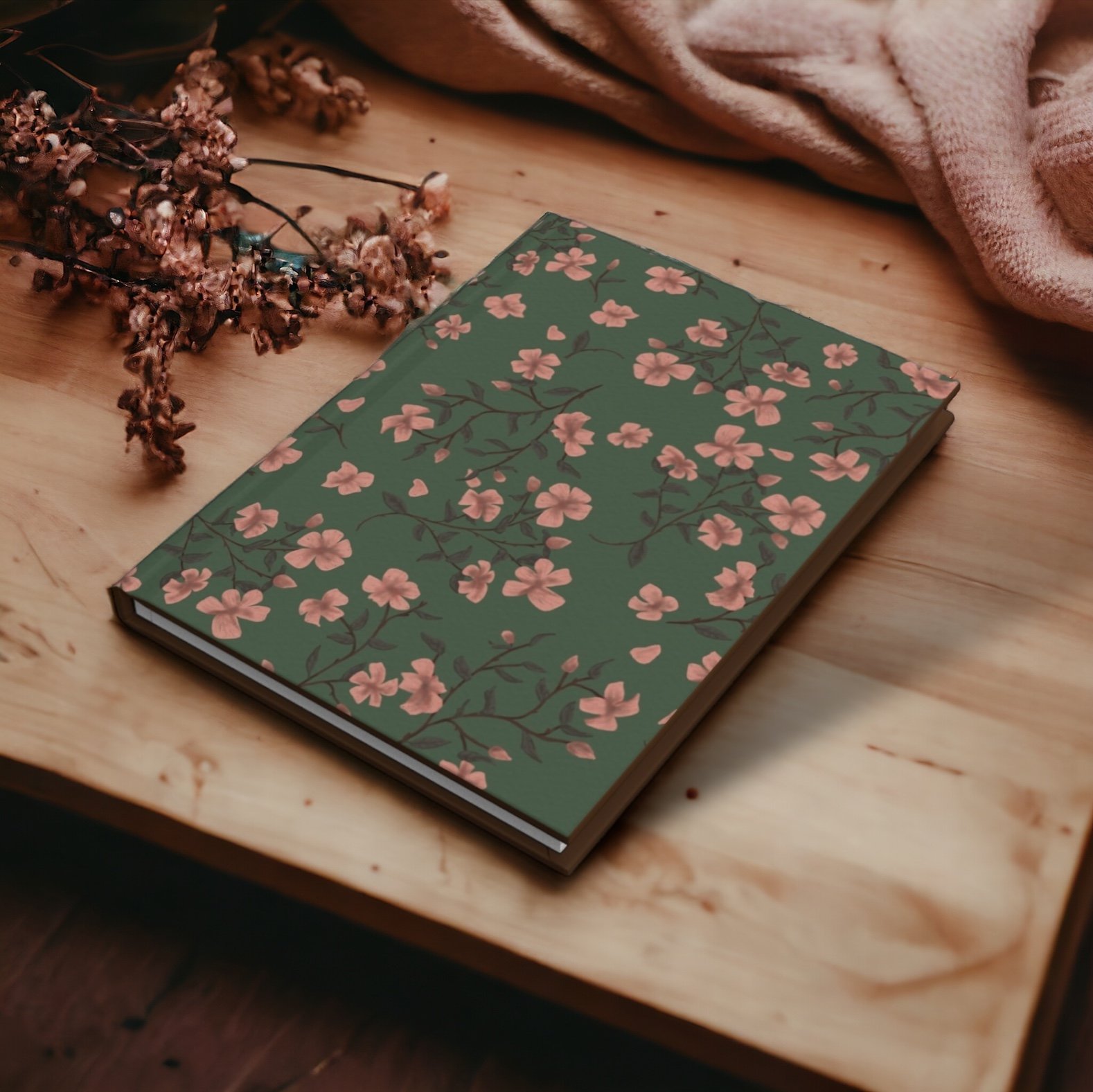 Blossom Garden Matte Hardcover Journal / Vintage Floral Vine Art / Perforated Paged Lined Book / Green and Pink Office Supplies