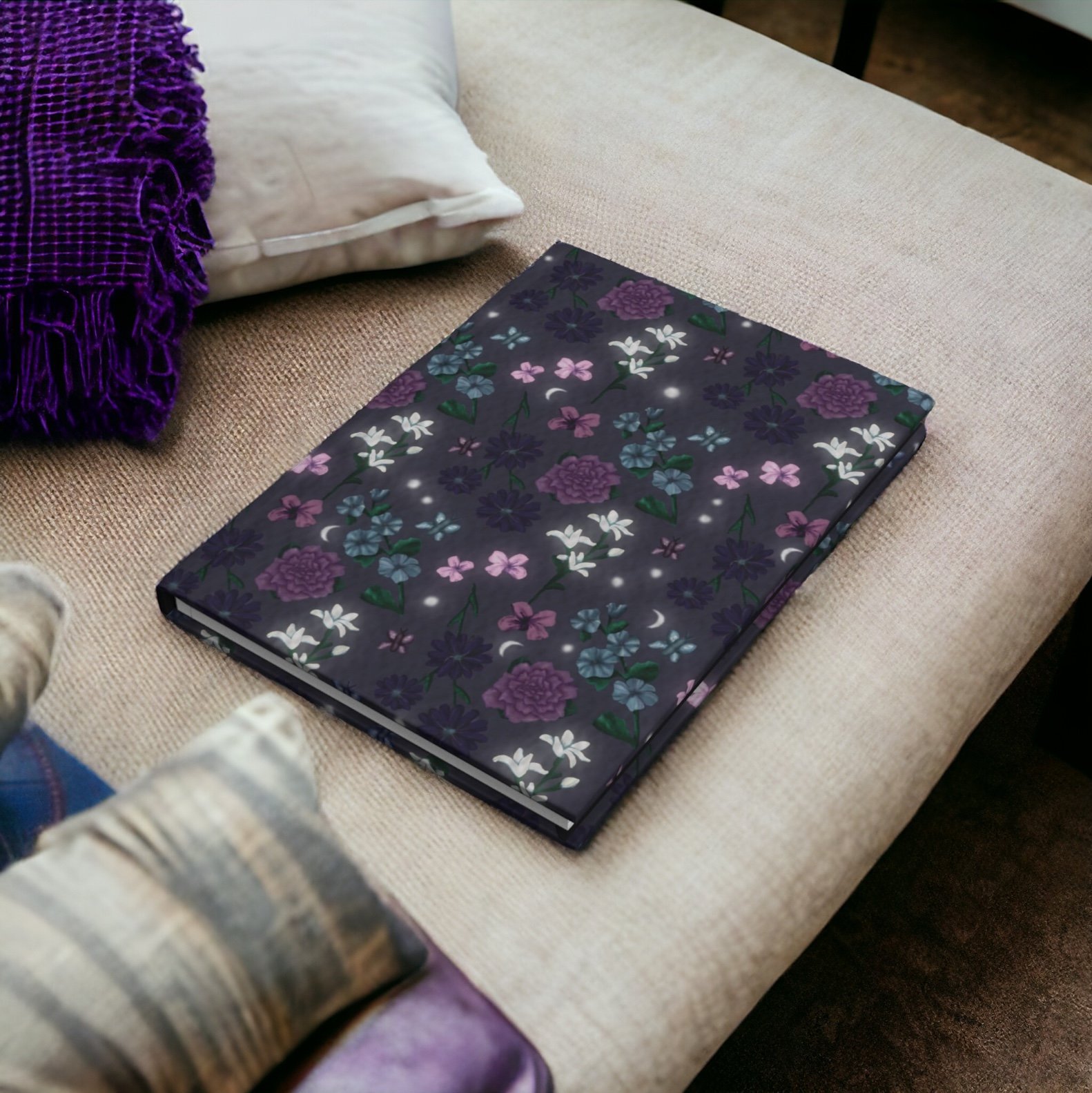 Moonlit Meadow Matte Hardcover Journal / Cosmic Floral Art / Perforated Paged Lined Book / Purple, Blue, Pink Office Supplies