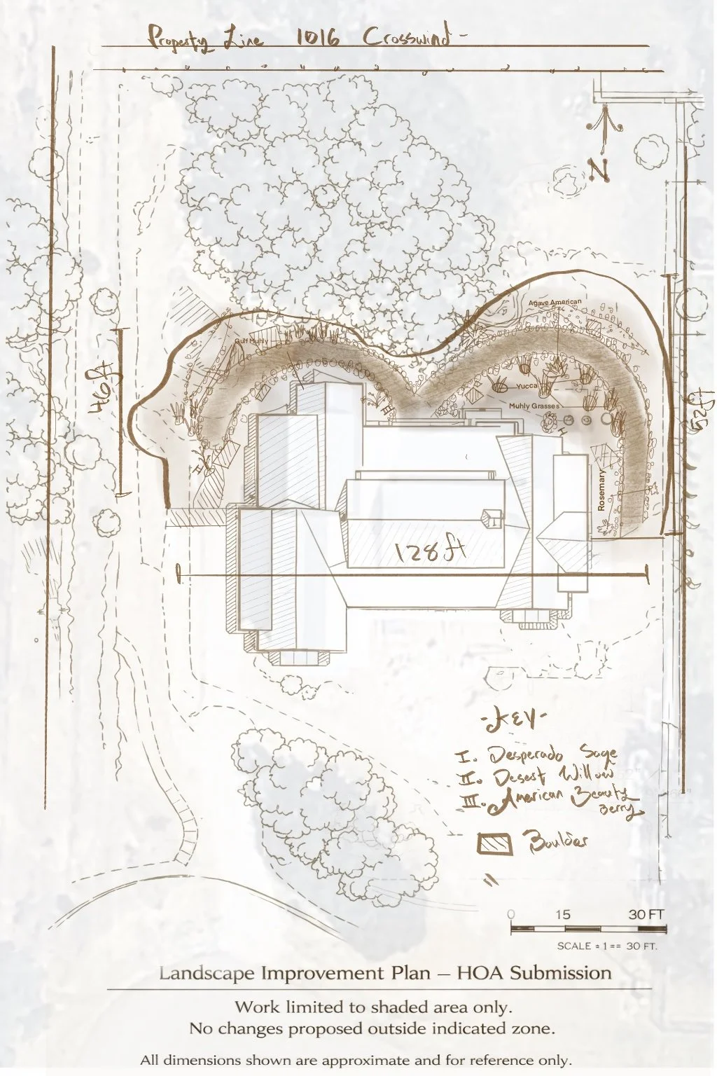 Landscape improvement plan layout drawing showing a house surrounded by trees, shrubs, and landscaped areas with labels and measurements, including a compass and scale, and notes on plantings and design features.