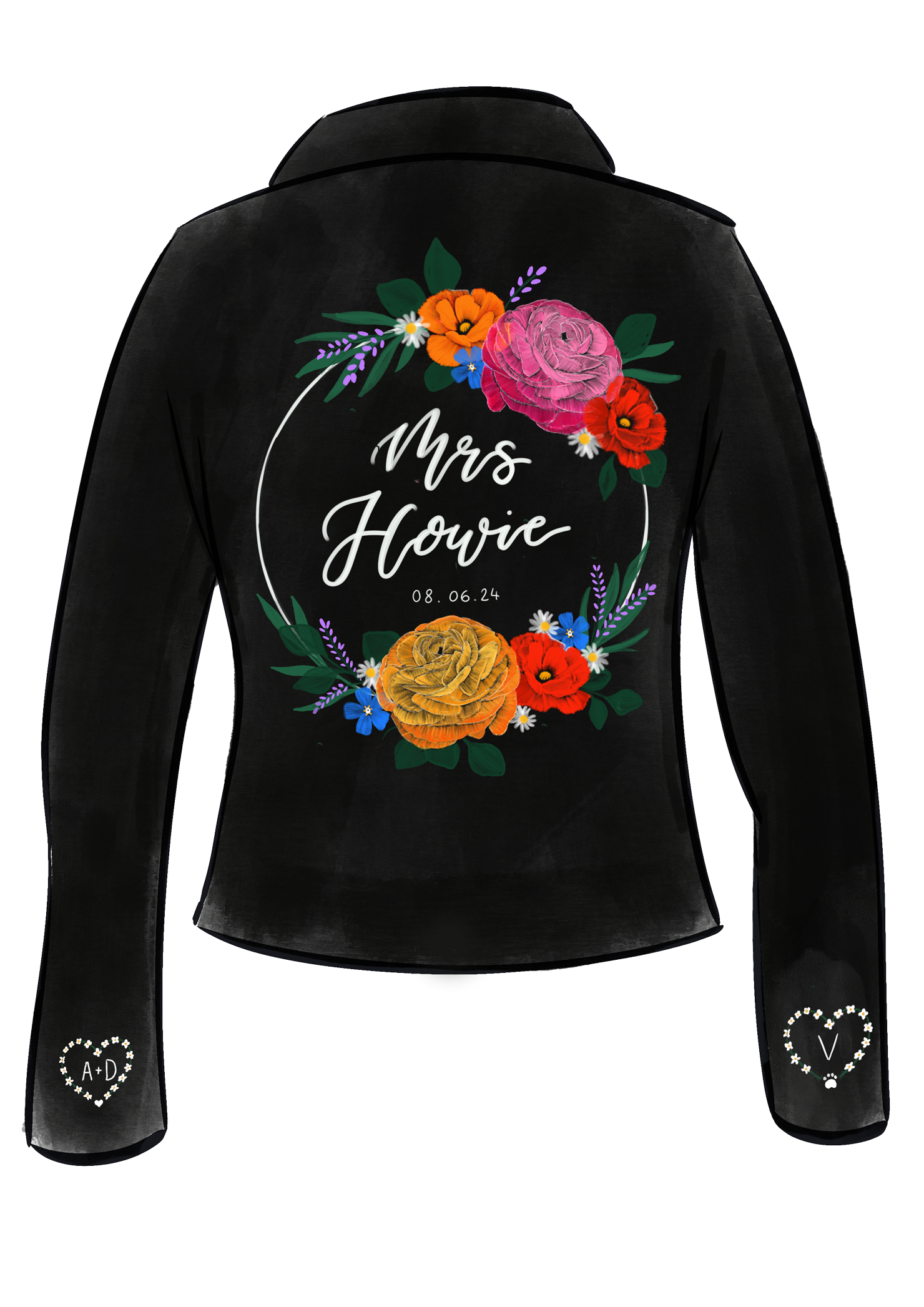 Sketch of wildflower design on leather jacket
