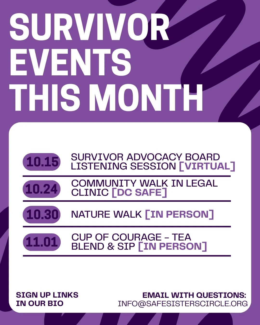 October is Domestic Violence Awareness Month, and at The Safe Sisters Circle, we are committed to supporting survivors through community and holistic services. Join us for a series of empowering events designed to uplift and connect. Together, we can