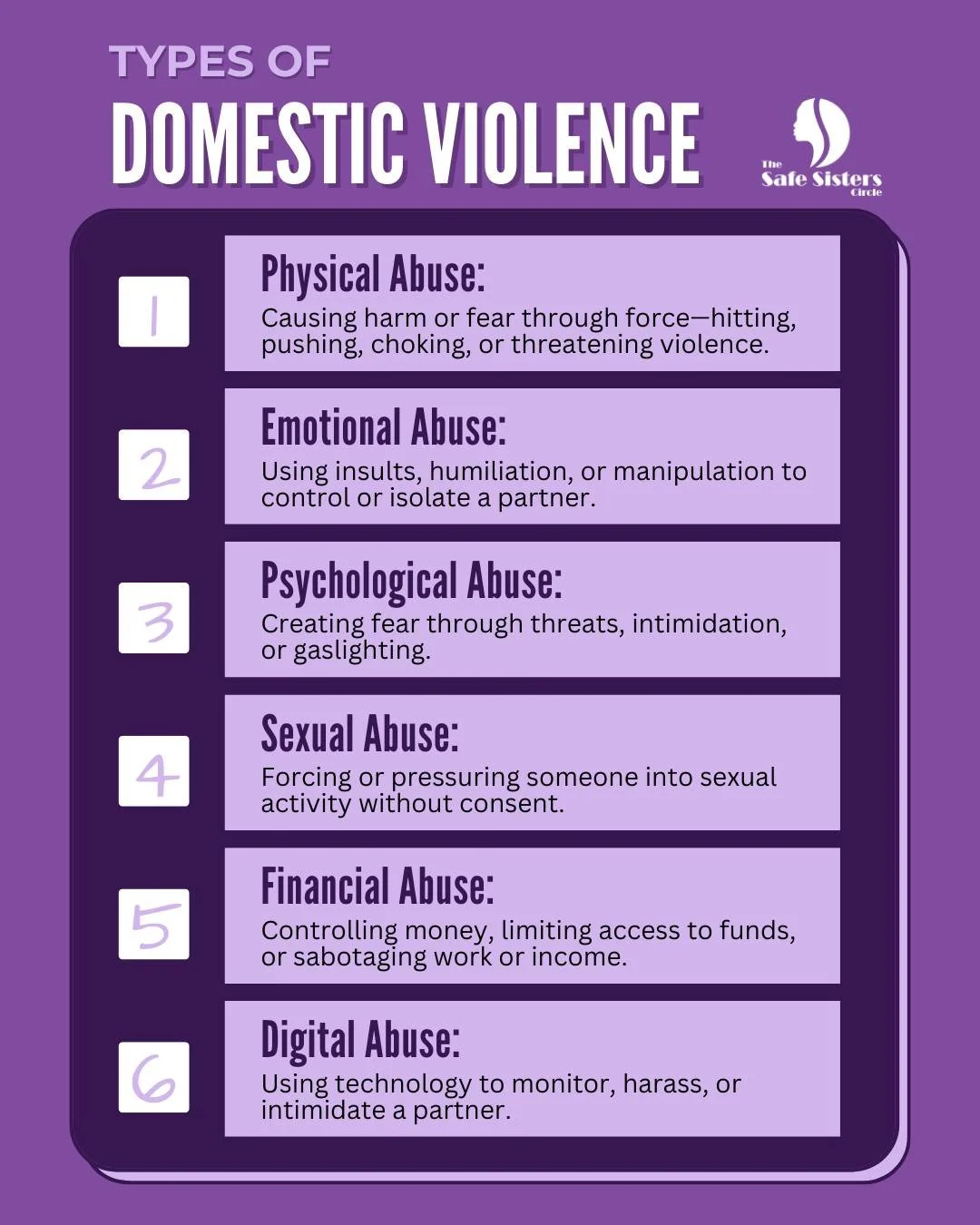 Domestic violence isn’t just physical. It can be emotional, psychological, sexual, financial, or digital. Know the signs. Speak up. Support survivors.
#DomesticViolenceAwareness #EndIPV #TheSafeSistersCircle
