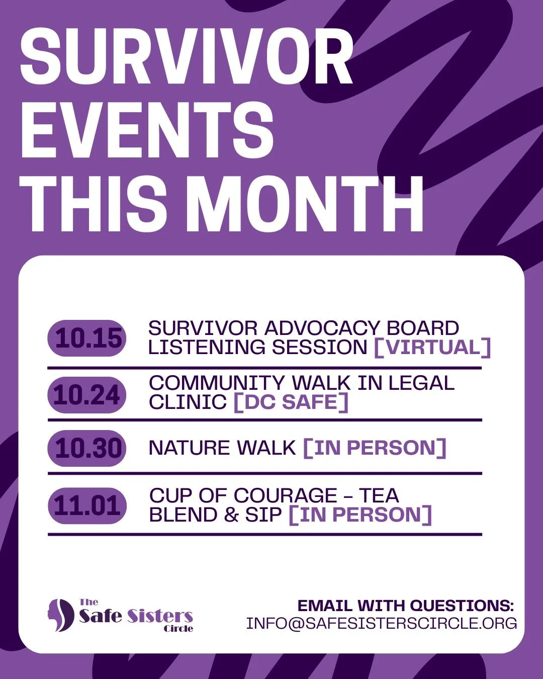 Don't forget to join one of our events this month. This week is our Community Walk in Legal Clinic hosted at DC SAFE. If you are in need of brief legal advice or assistance with a petition or family court filing, please email us at legalservices@safe