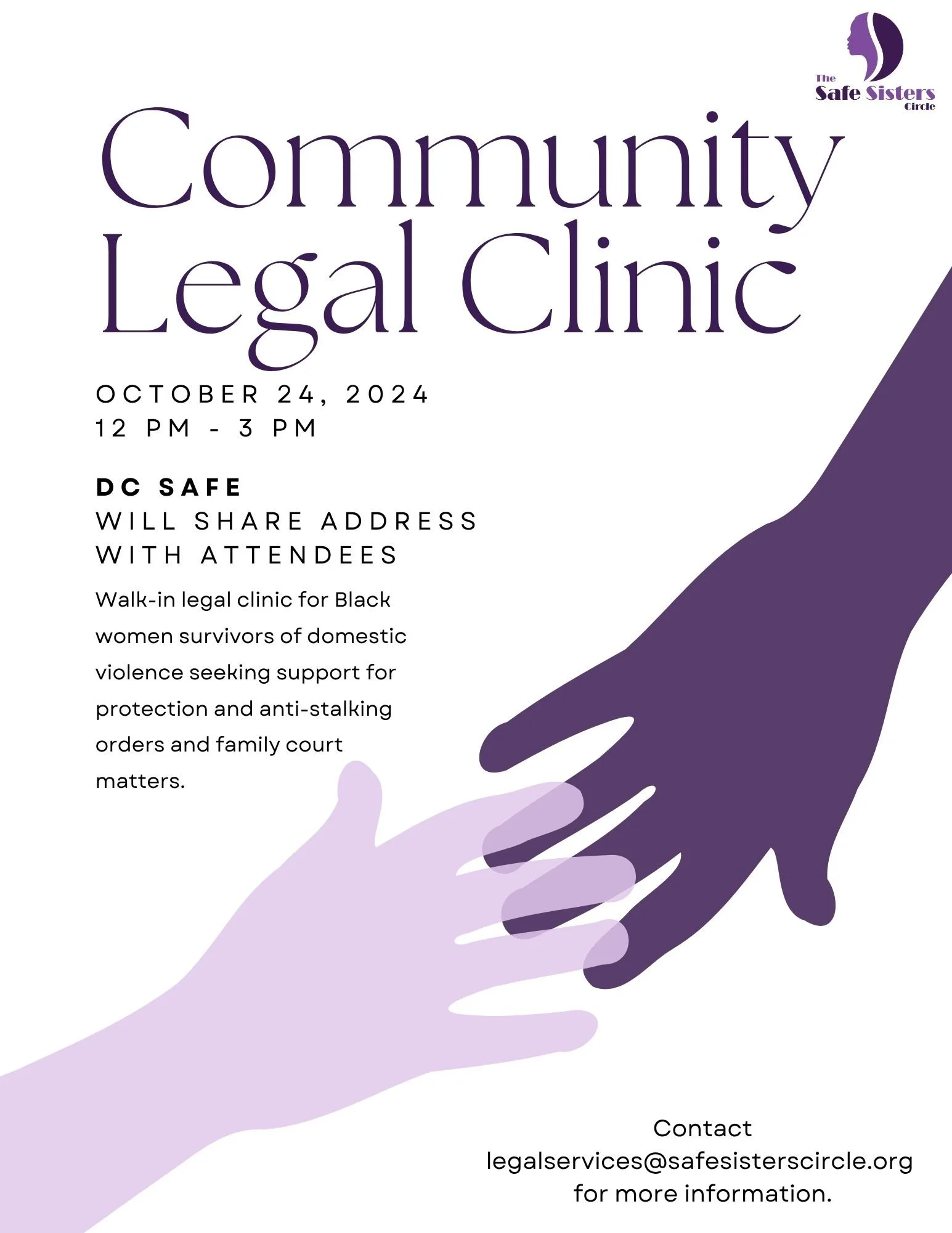 Need legal support? Join us tomorrow from 12–3 PM for our Community Legal Clinic — a safe, walk-in space for Black women survivors of domestic violence to get help with protection orders, anti-stalking orders, and family court issues.