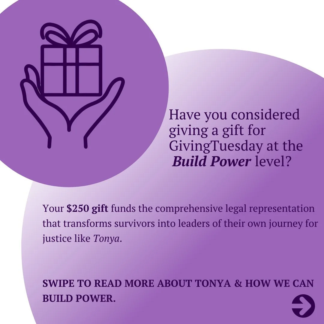 Giving a gift of $250 today will help us Build Power and cover the costs for a survivor's legal representation in family court and protection order cases. Your support ensures survivors have an advocate who believes them, fights for their safety, and