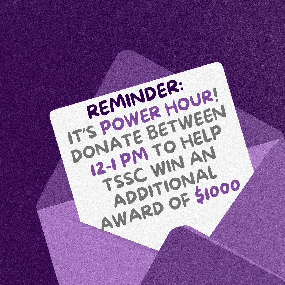 IT'S POWER HOUR! If you donate between 12 - 1 PM ET, you help TSSC potentially win an additional $1,000.

What can we do with an extra $1,000? That's 4 more survivors who are getting legal support in their protection order and custody matters. 

Dona