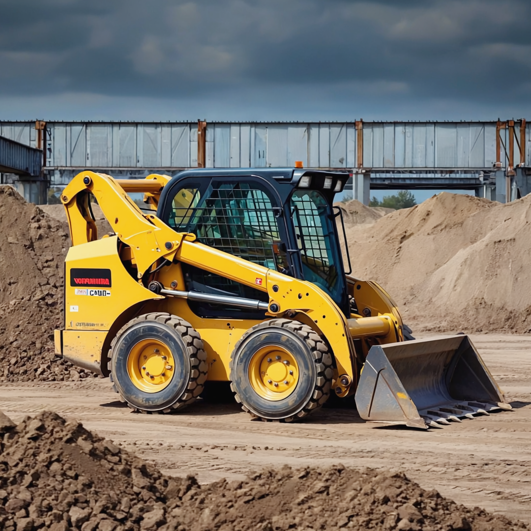 Yellow skid-steer loader on dirt construction site with piles of soil and overcast sky.