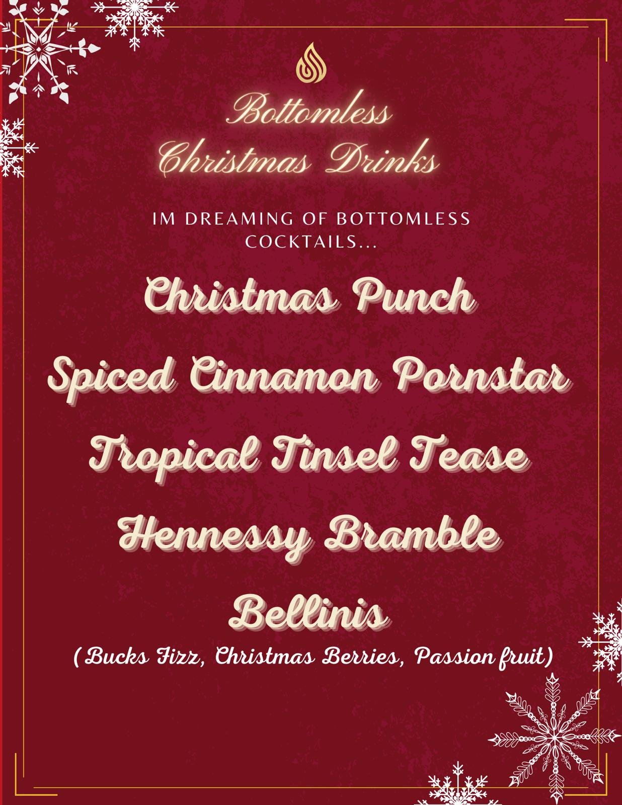 Red holiday-themed menu featuring bottomless Christmas drinks, including Christmas Punch, Spiced Cinnamon Pornstar, Tropical Tinsel Tease, Hennessy Bramble, and Bellinis with toppings of buck's fizz, Christmas berries, and passion fruit, decorated wi