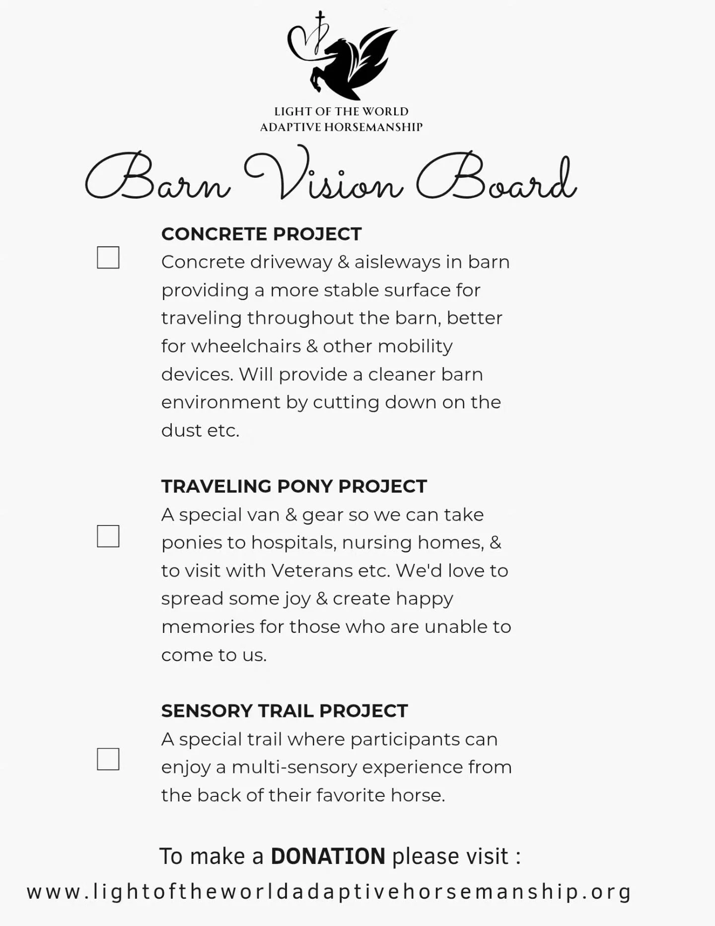 Good morning friends! Check out the exciting projects we are currently raising money for to grow LIGHT OF THE WORLD ADAPTIVE HORSEMANSHIP, the 501c3 at Canoe Creek Stables. Donations are tax deductible &amp; help make the therapeutic riding program p