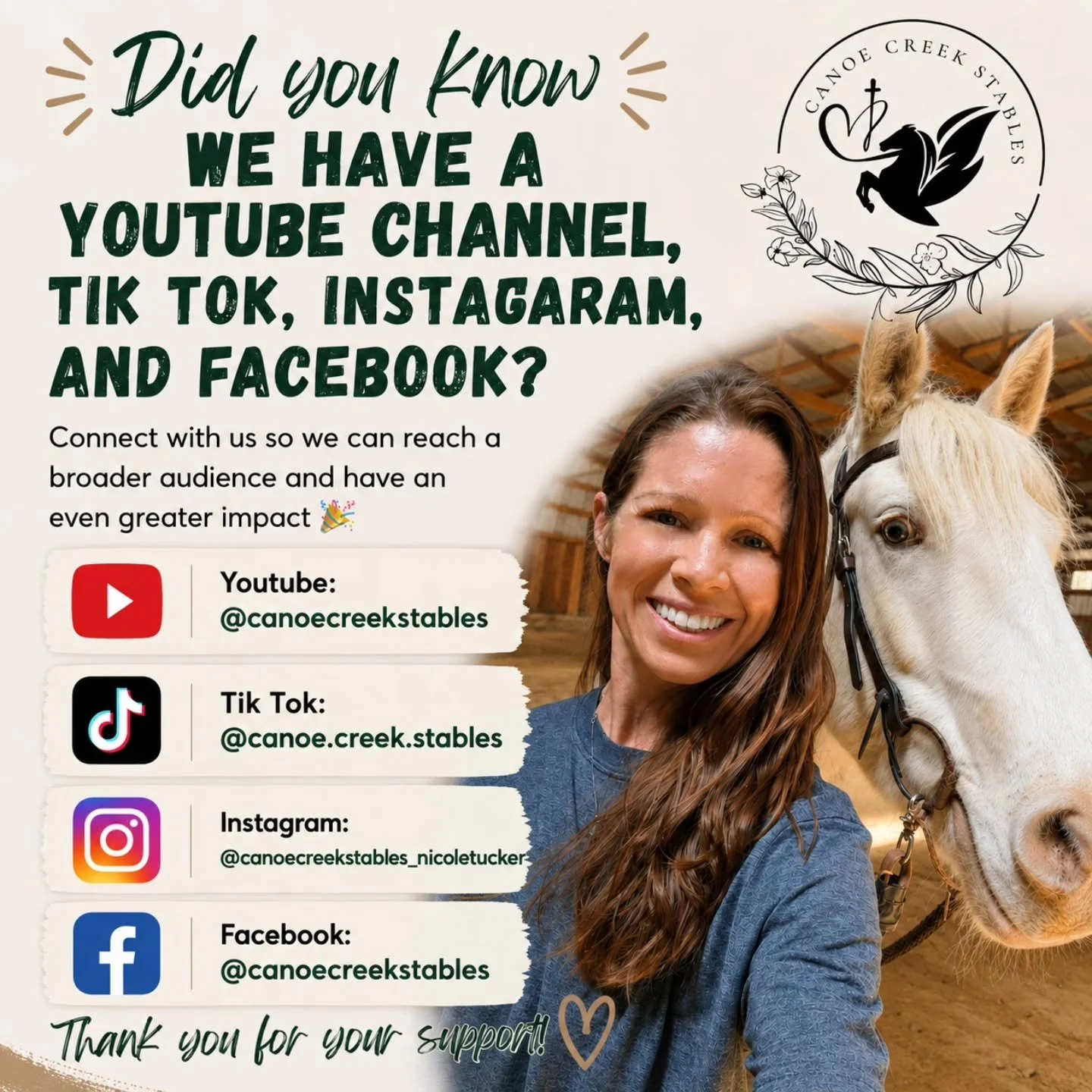 🚨We'd love to stay connected with you wherever you spend time online! 🌟
Did you know Canoe Creek Stables is on YouTube, TikTok, and Instagram too?
By following us on all our platforms, you're helping us reach more people, share more stories of hope