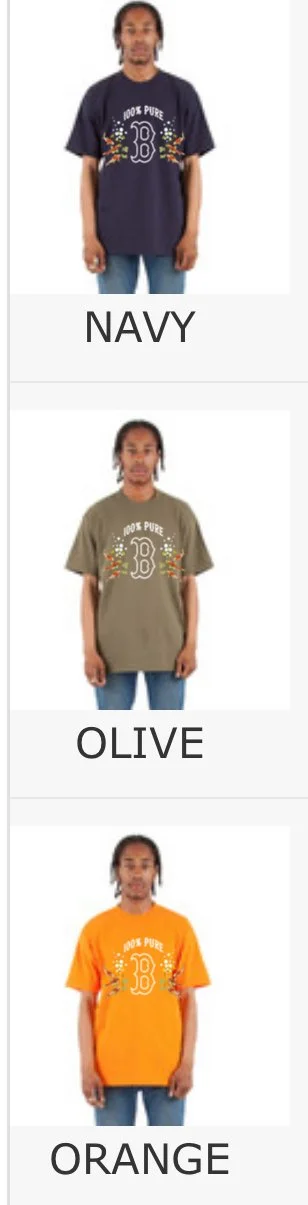 Three images of a person wearing different T-shirts. The first T-shirt is navy blue, the second is olive green, and the third is orange. Each T-shirt has a similar design with the text '100% Pure' and a large number 3 with colorful floral decorations.