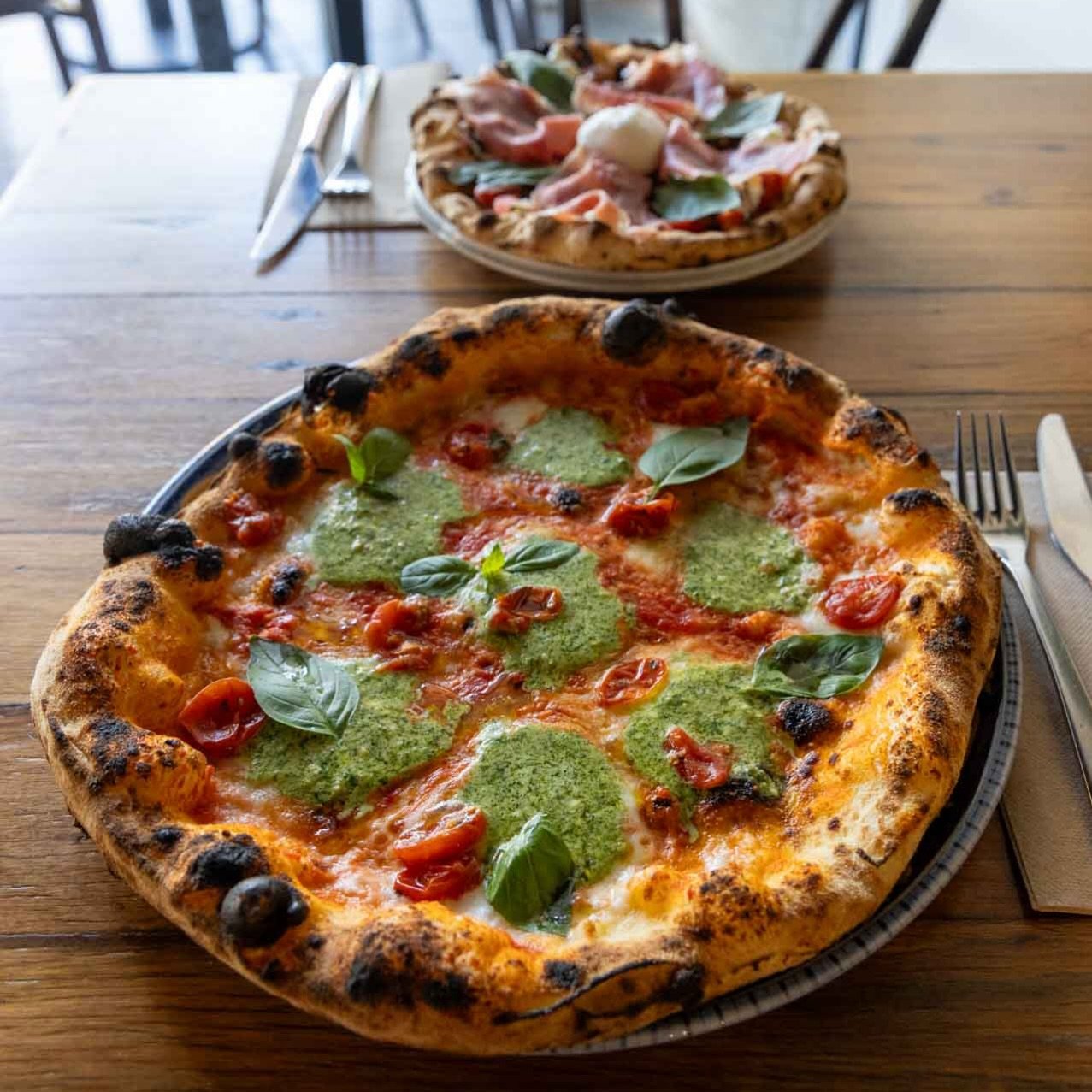 Fresh from the oven 🌿

Our Pesto Pizza crispy pizza base topped with sweet cherry tomatoes, creamy buffalo mozzarella, shaved Parmesan and fragrant basil pesto.

Vegetarian if you want to keep it light&hellip; or level it up with mortadella for some