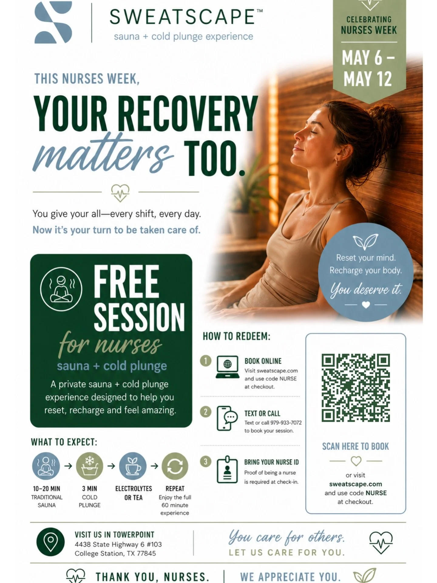 For the ones who take care of everyone else&mdash;this one&rsquo;s for you 🤍

Nurses sweat free all week at Sweatscape
May 4th&ndash;9th

Just our way of saying thank you for everything you do. Come reset, recharge, and take a moment for yourself.

