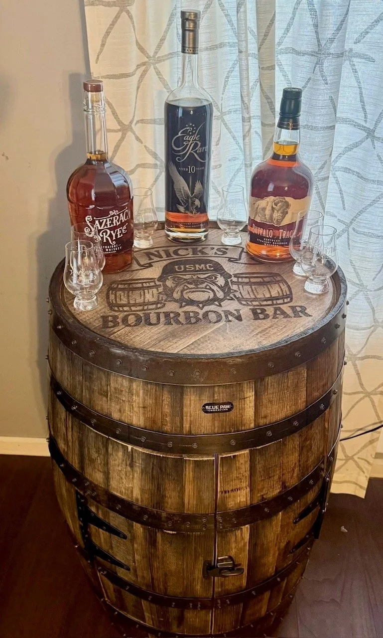 Laser engraved bourbon barrel cabinet with USMC bulldog logo