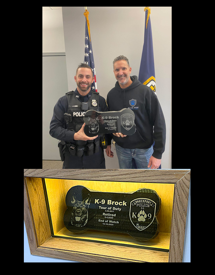 Granite grave marker engraved with dog picture and dates of service for a deceased K9 officer.