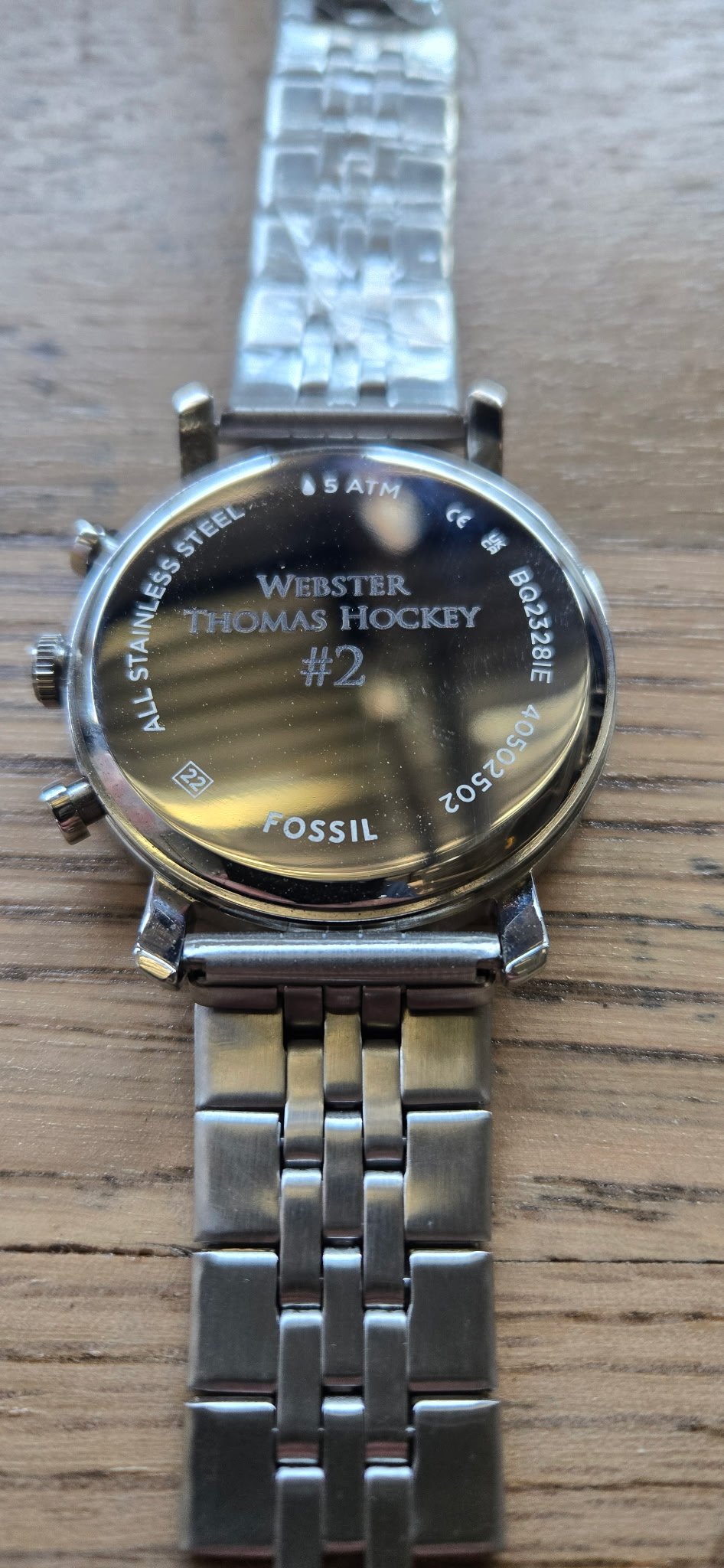 Silver Fossil watch engraved for Senior night for Webster Thomas high school hockey players