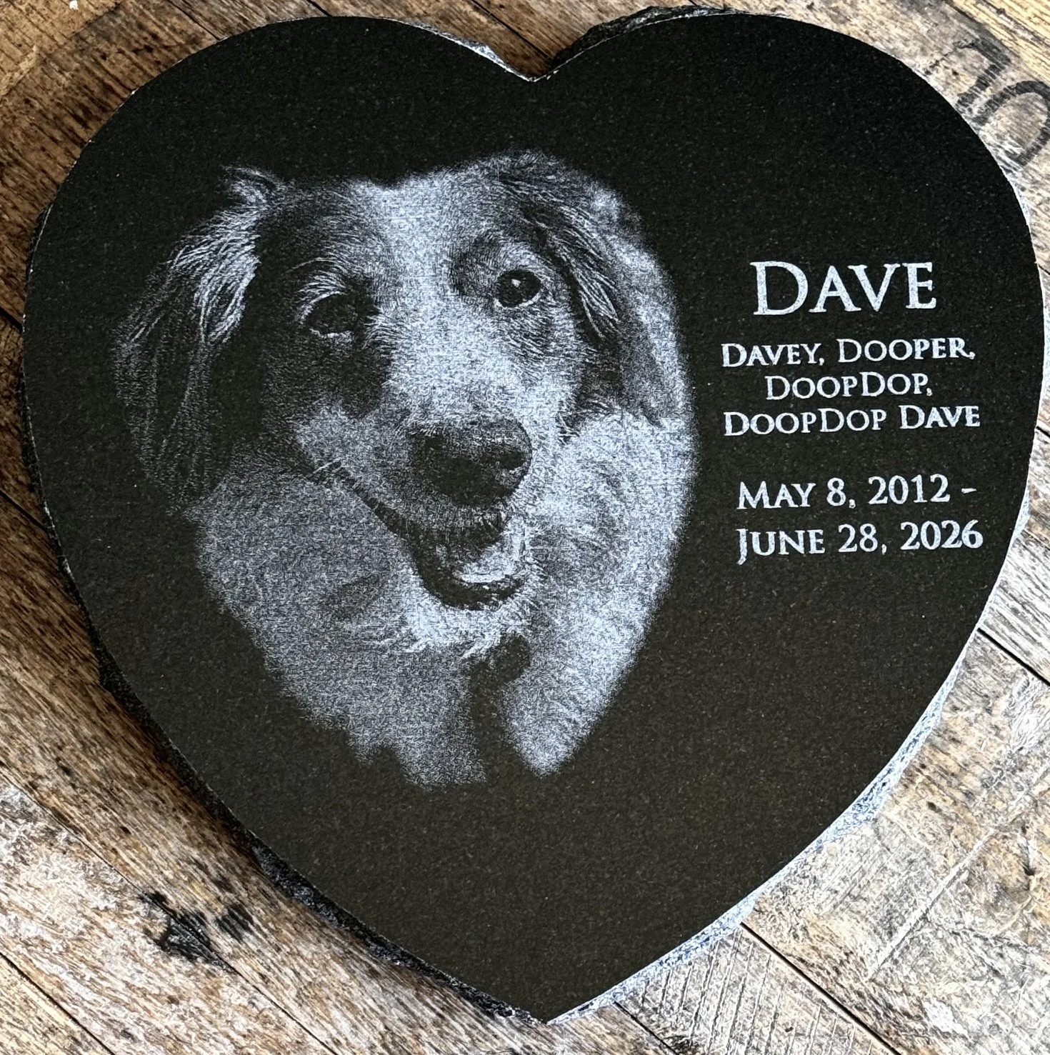 Heart shaped granite engraved with do portrait, dog's name, nicknames and dates of life.