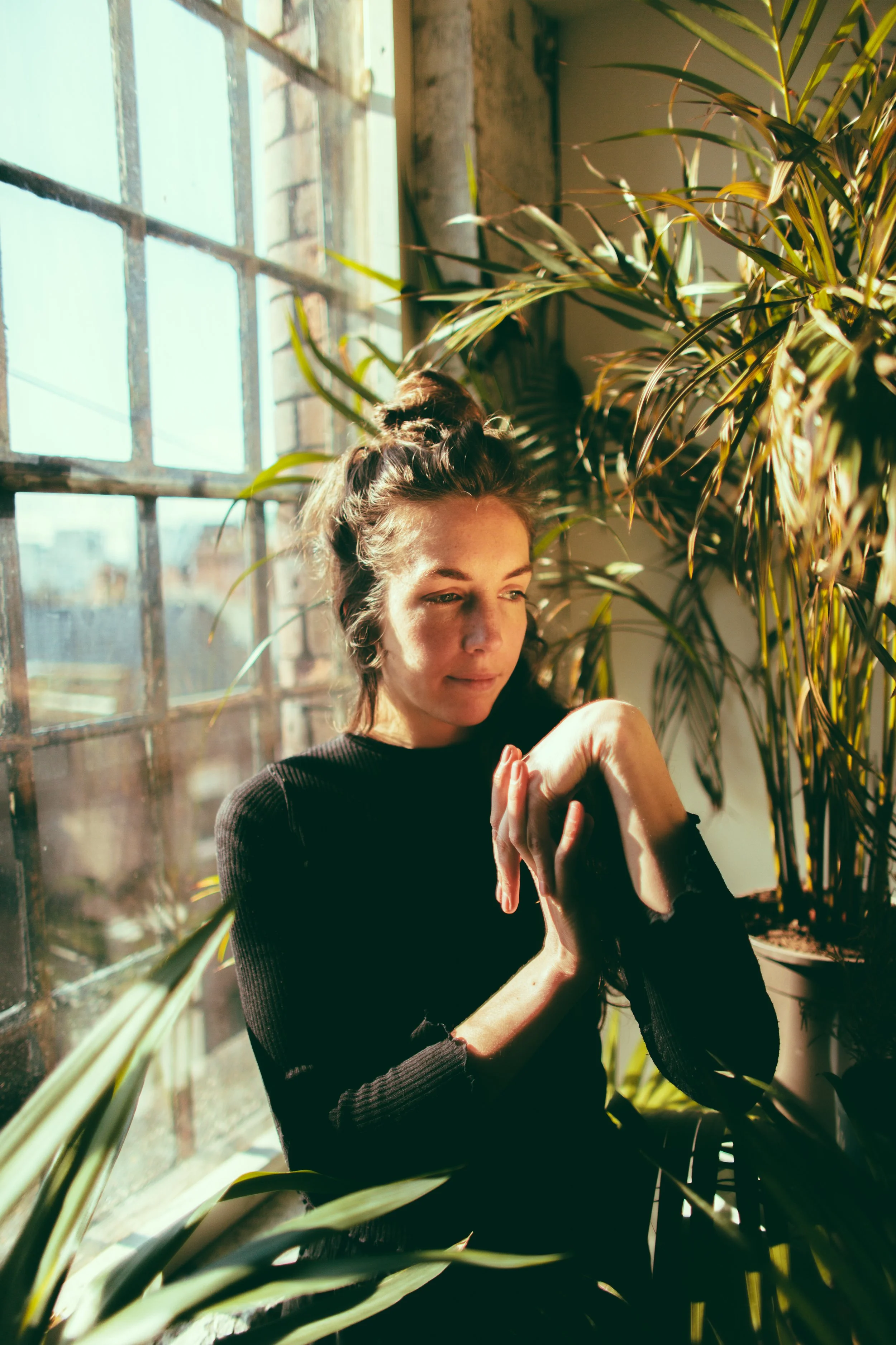A woman with dark hair styled in a messy bun is standing near a large window with bright sunlight streaming in, surrounded by tall green plants with long leaves.