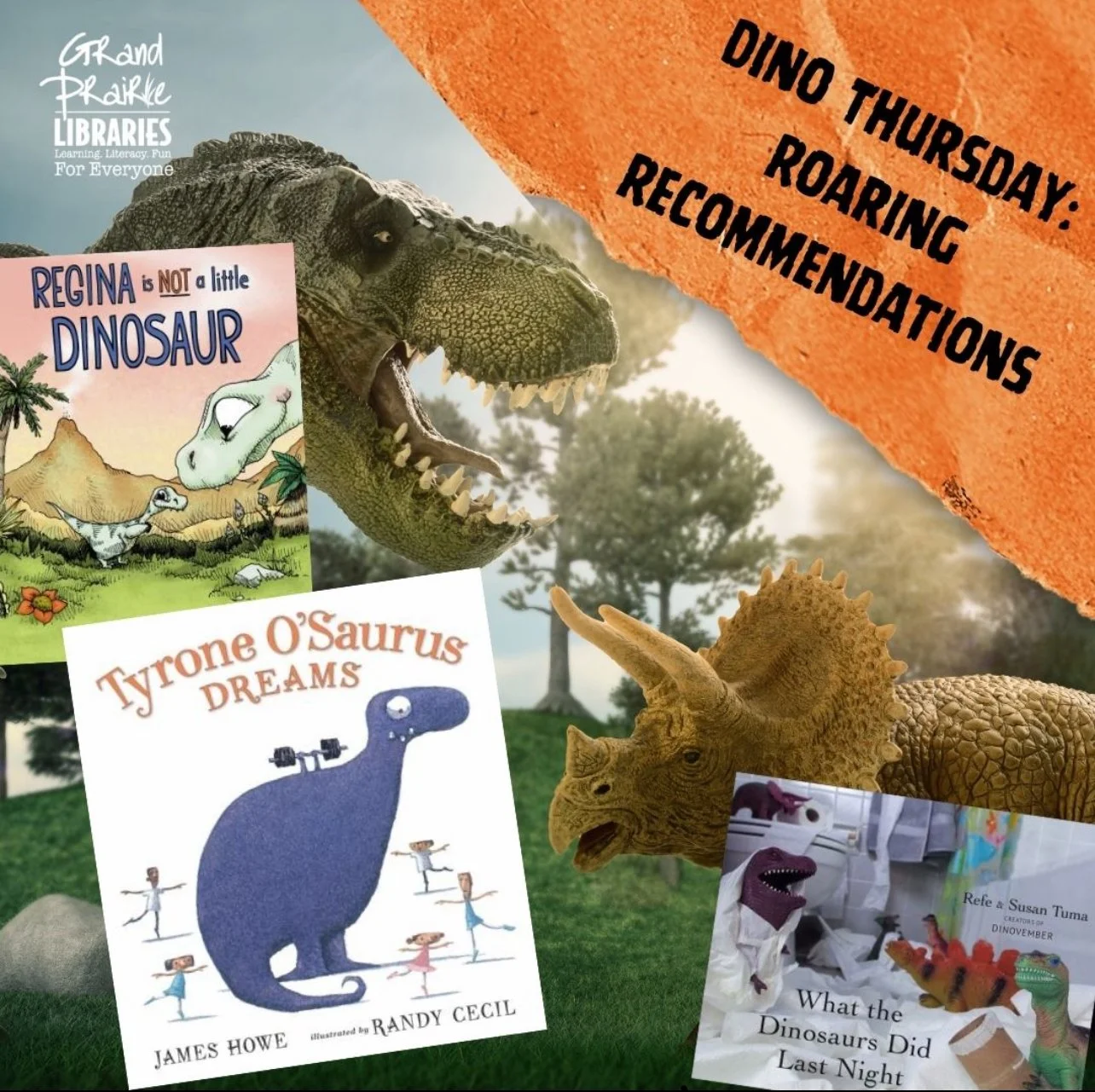 1/5 Roaring Recommendations posts for Grand Prairie Library's social media