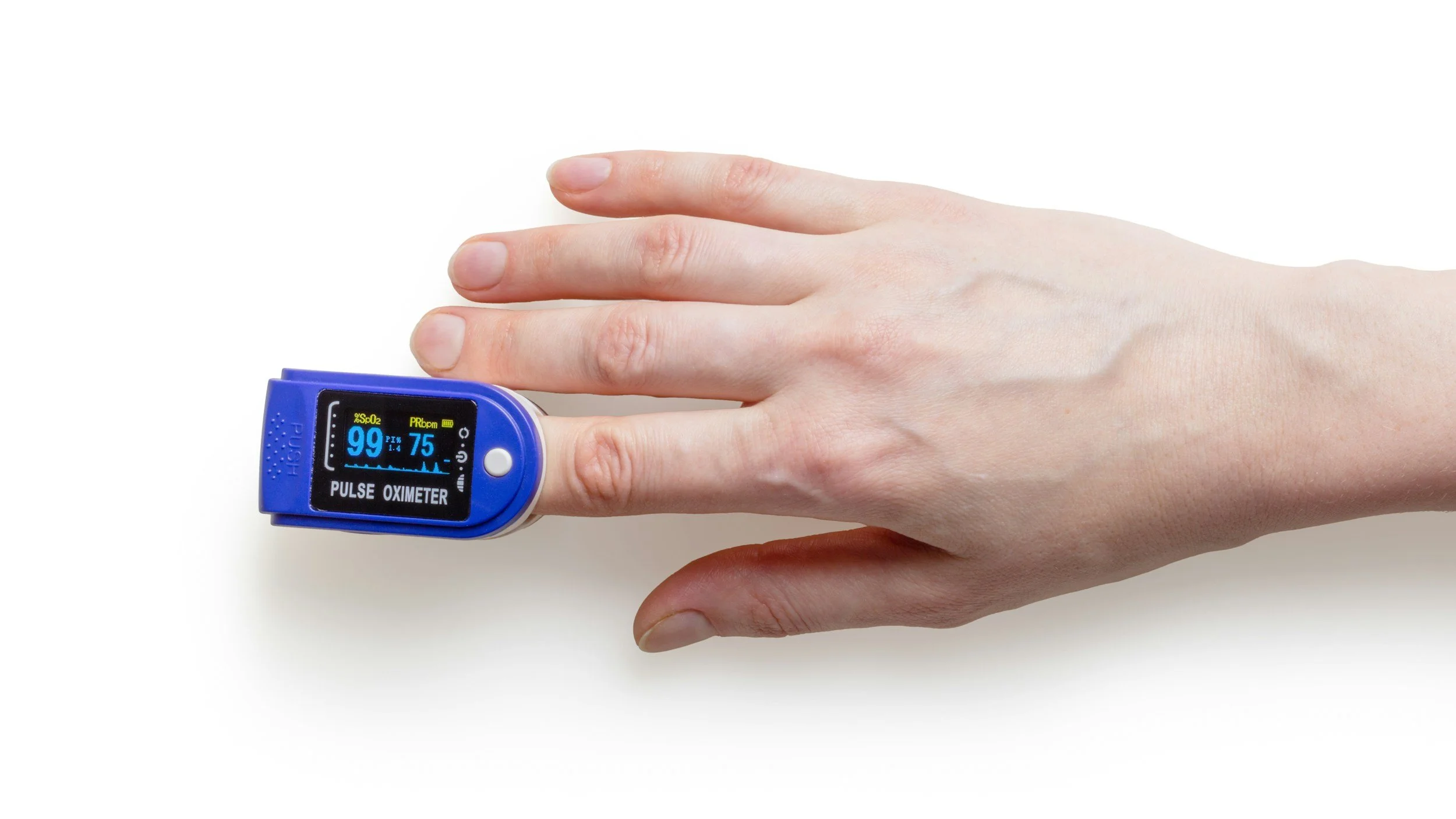 A person's hand with a pulse oximeter clipped onto their index finger showing a blood oxygen level of 99% and a pulse rate of 75.