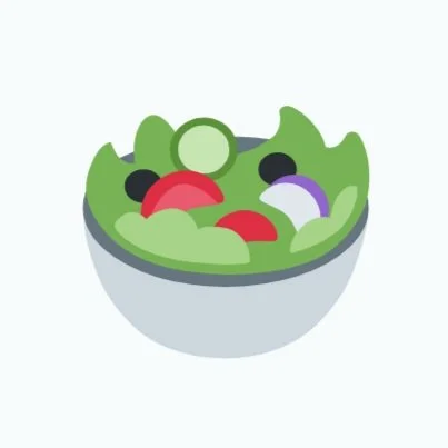 A cartoon illustration of a bowl of salad with lettuce, black olives, cherry tomatoes, and onions.