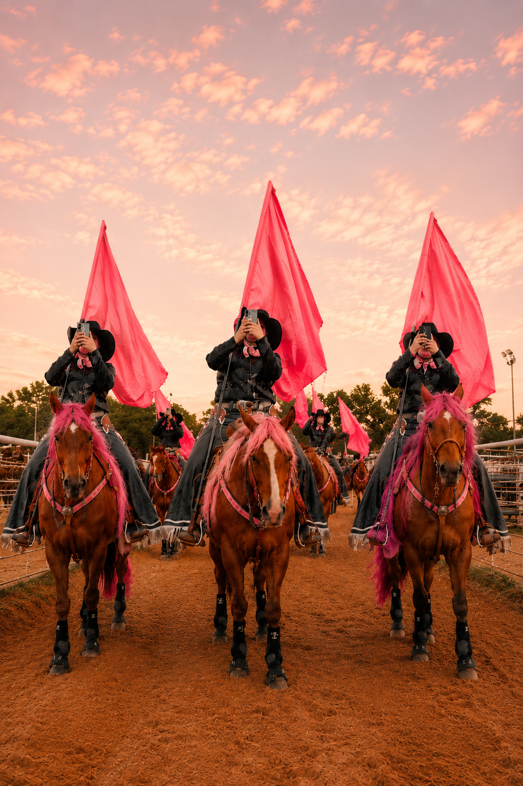 Three horseback riders in black clothing and pink hair accessories, holding pink flags, riding brown horses with pink manes on a dirt field at sunset, with other riders in the background.