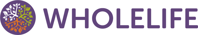 WholeLife logo featuring a stylized tree with purple, green, orange, and white branches and text.
