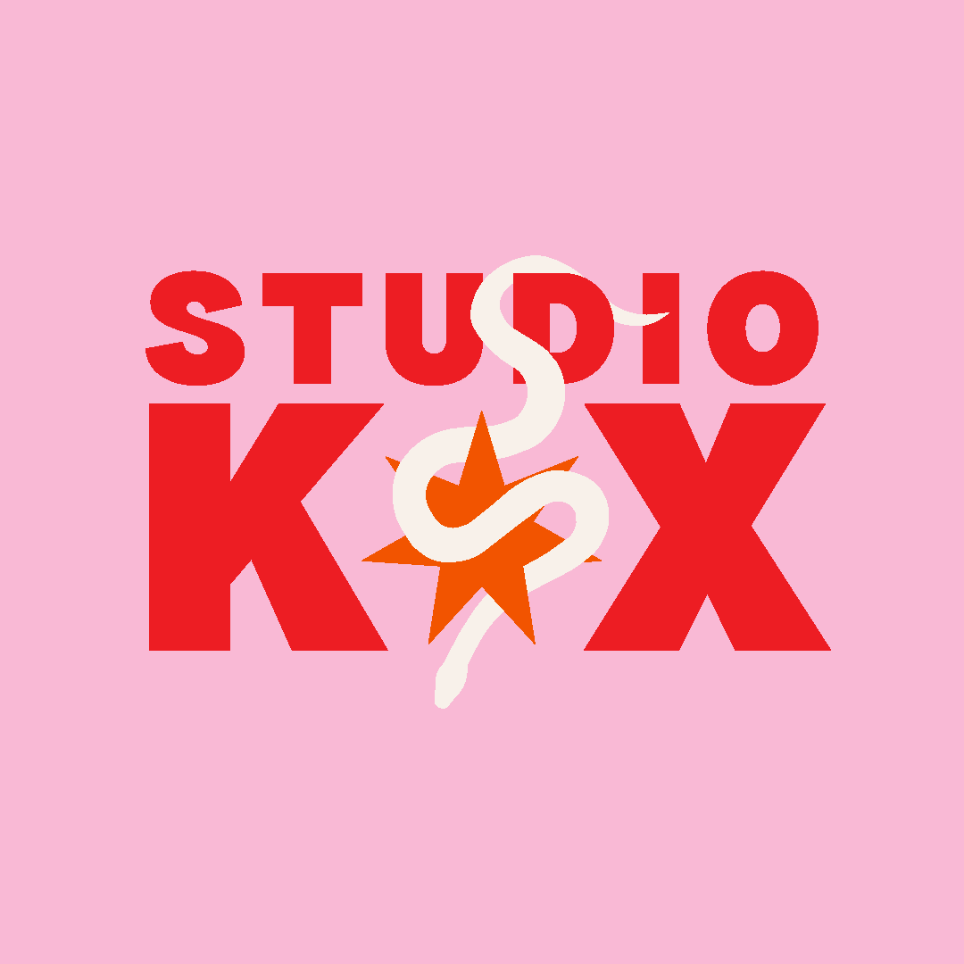 Pink background with the words "Studio KX" in red, featuring a star and snake design.