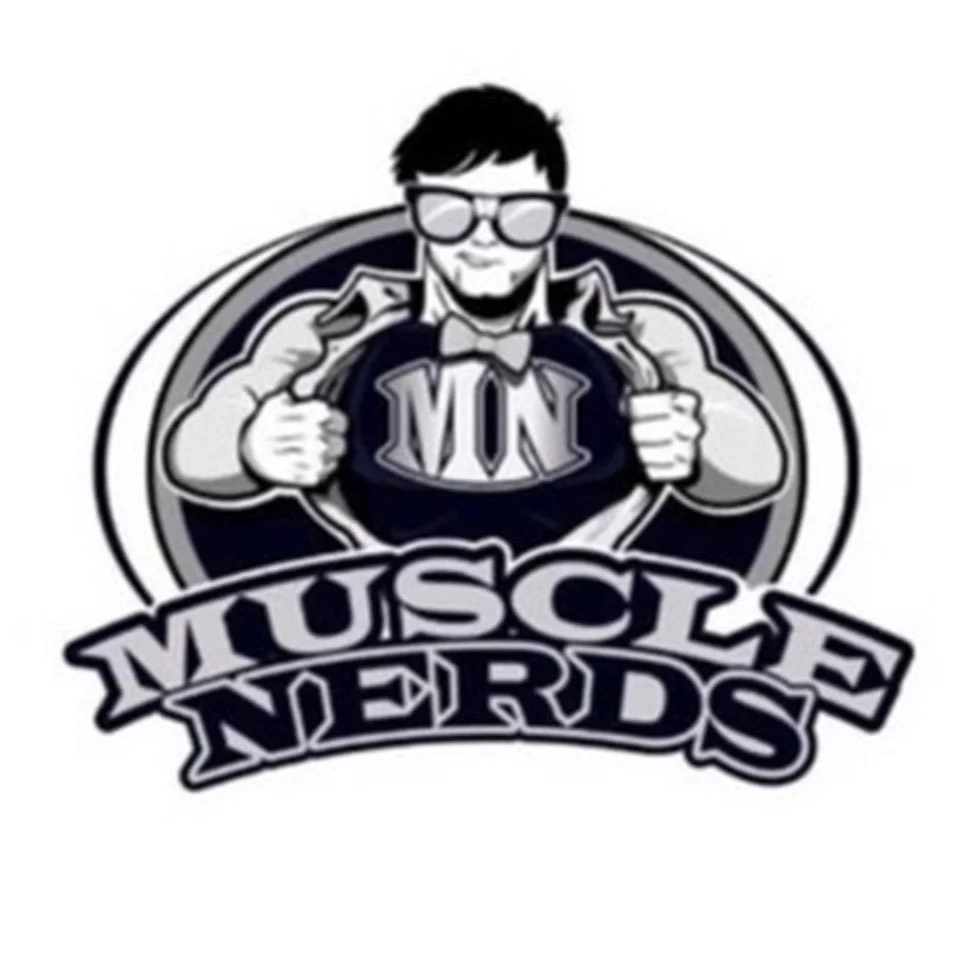 Illustration of a person dressed as a superhero revealing a symbol with the letter 'M' and the words 'Muscle Nerds' in a comic-style logo.