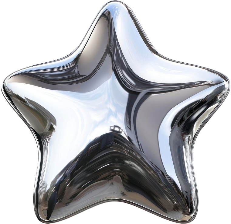A shiny, metallic star-shaped balloon reflecting the sky and surroundings.