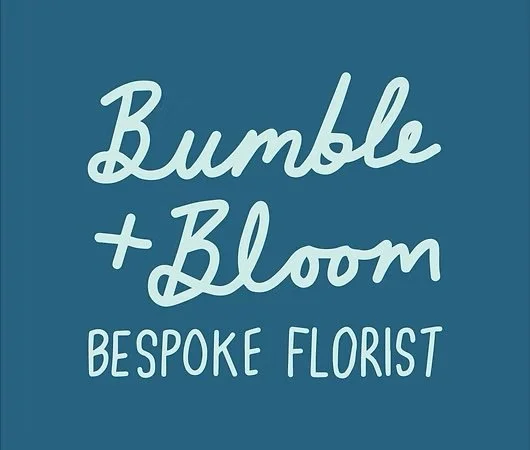 Logo for Bumble + Bloom, a bespoke florist, featuring stylized script text on a teal background.