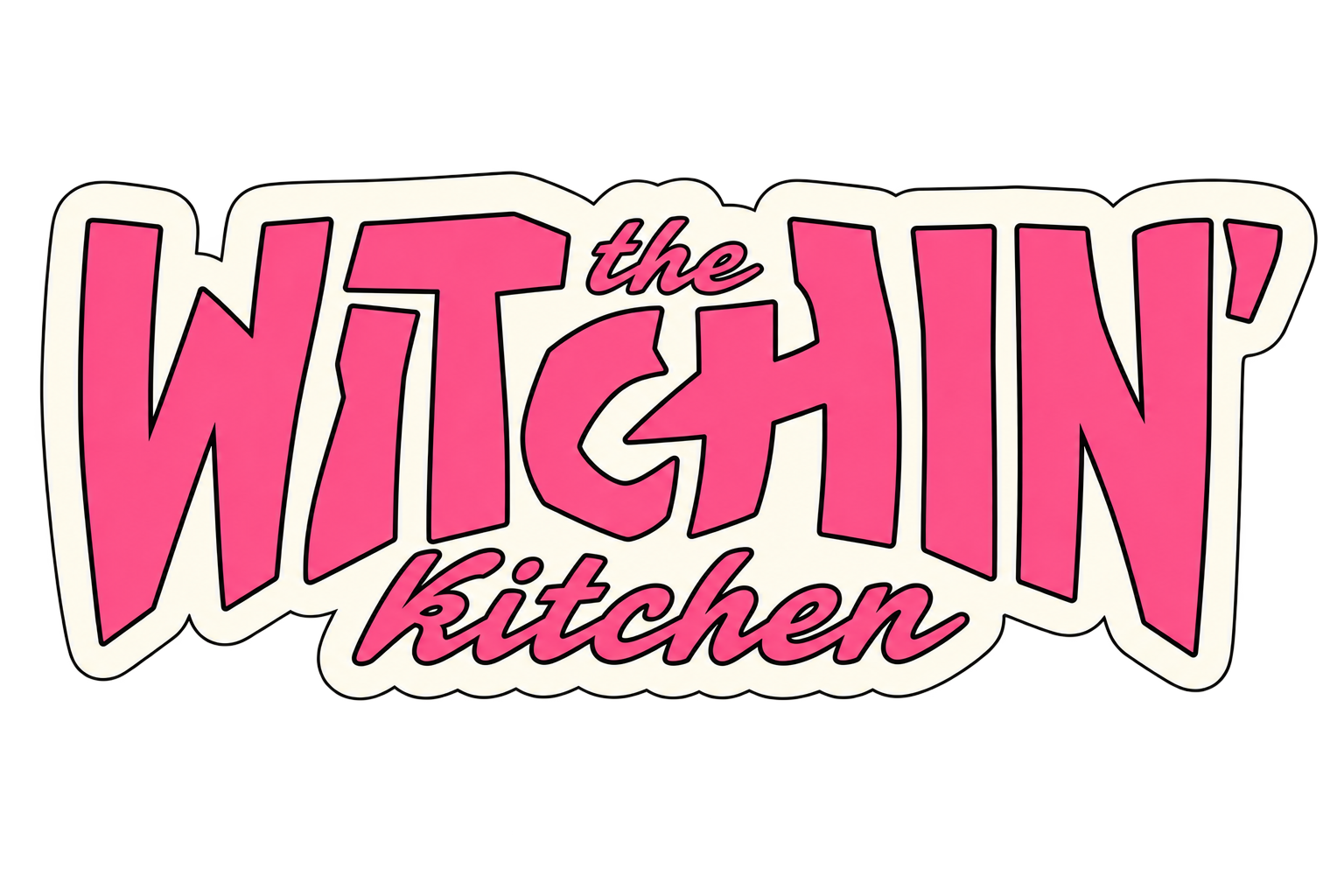 Logo for 'The Witchin' Kitchen' with bold pink and white lettering.