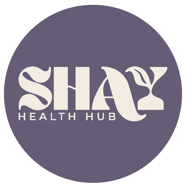 Logo of SHAY Health Hub with stylized text and leaf design in white on a purple background.
