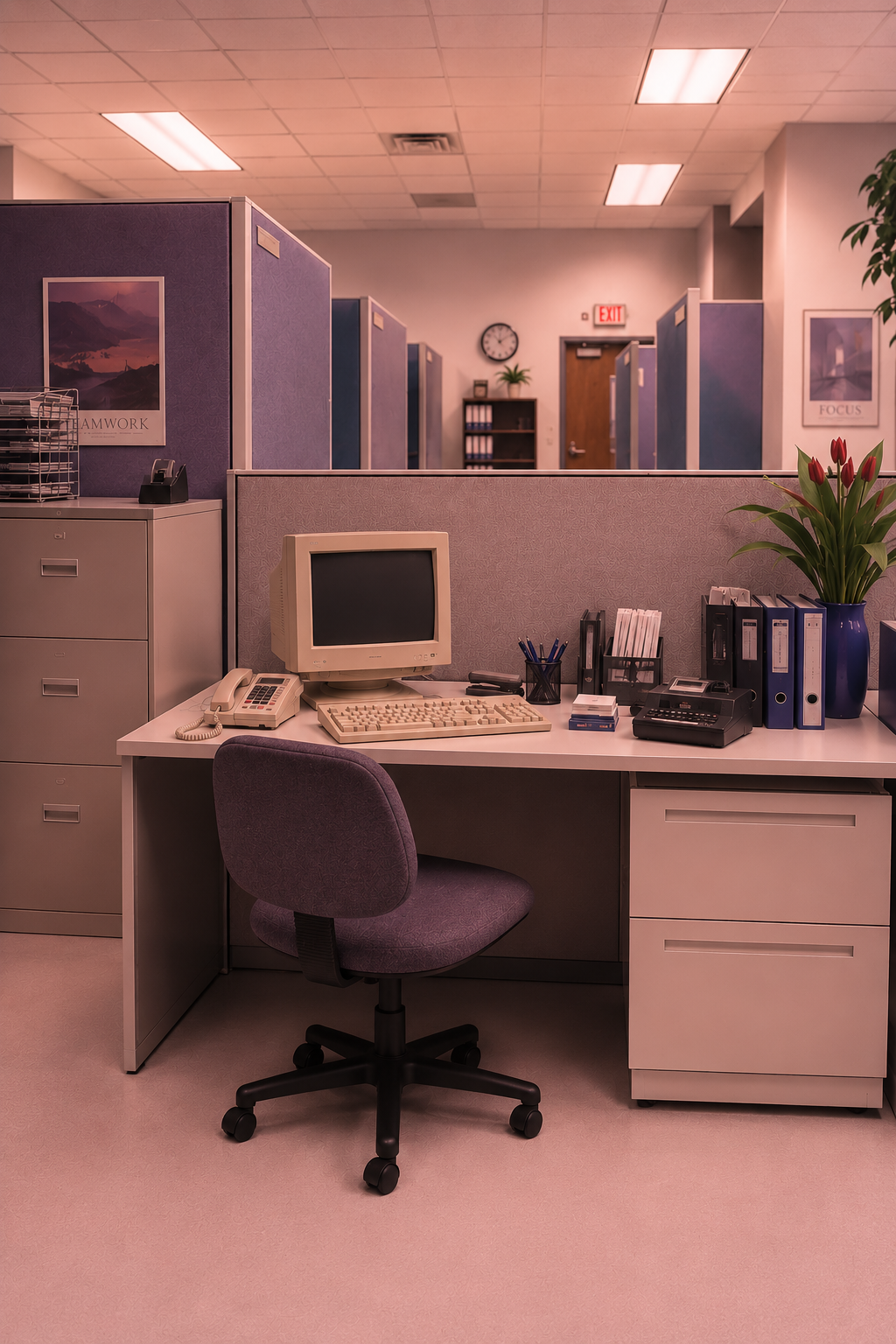 An empty office cubicle with a vintage computer, telephone, pens, binders, and a potted plant. Visible hallway with clocks and doors in the background.