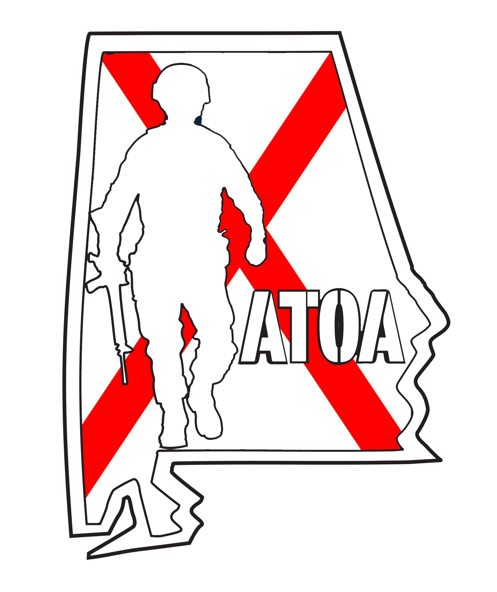 Graphic with the shape of Alabama, filled with the alabama state flag. There's a tactical officer and the letters ATOA overlayed on it.