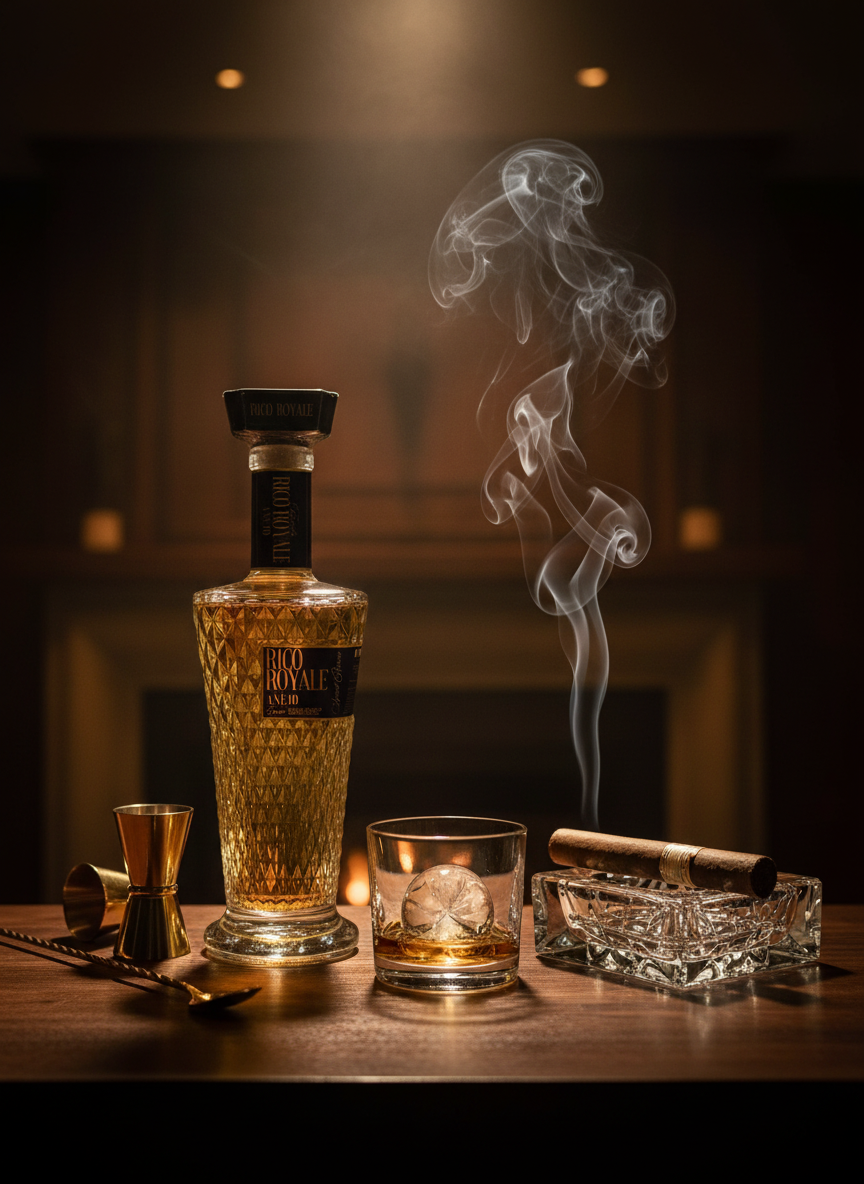 A bottle of liquor labeled 'Rico Royale' with a glass containing an ice cube and a slice of lemon, a glass ashtray with a lit cigar and smoke rising, and a gold jigger on a wooden table in a dimly lit room.