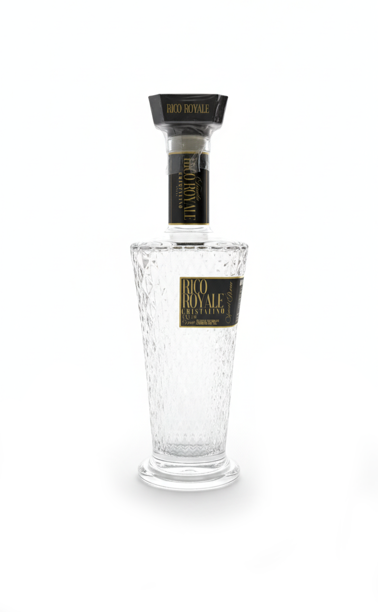 A tall, clear, textured glass bottle with a black and gold label and a black and gold cap, containing a transparent liquid.